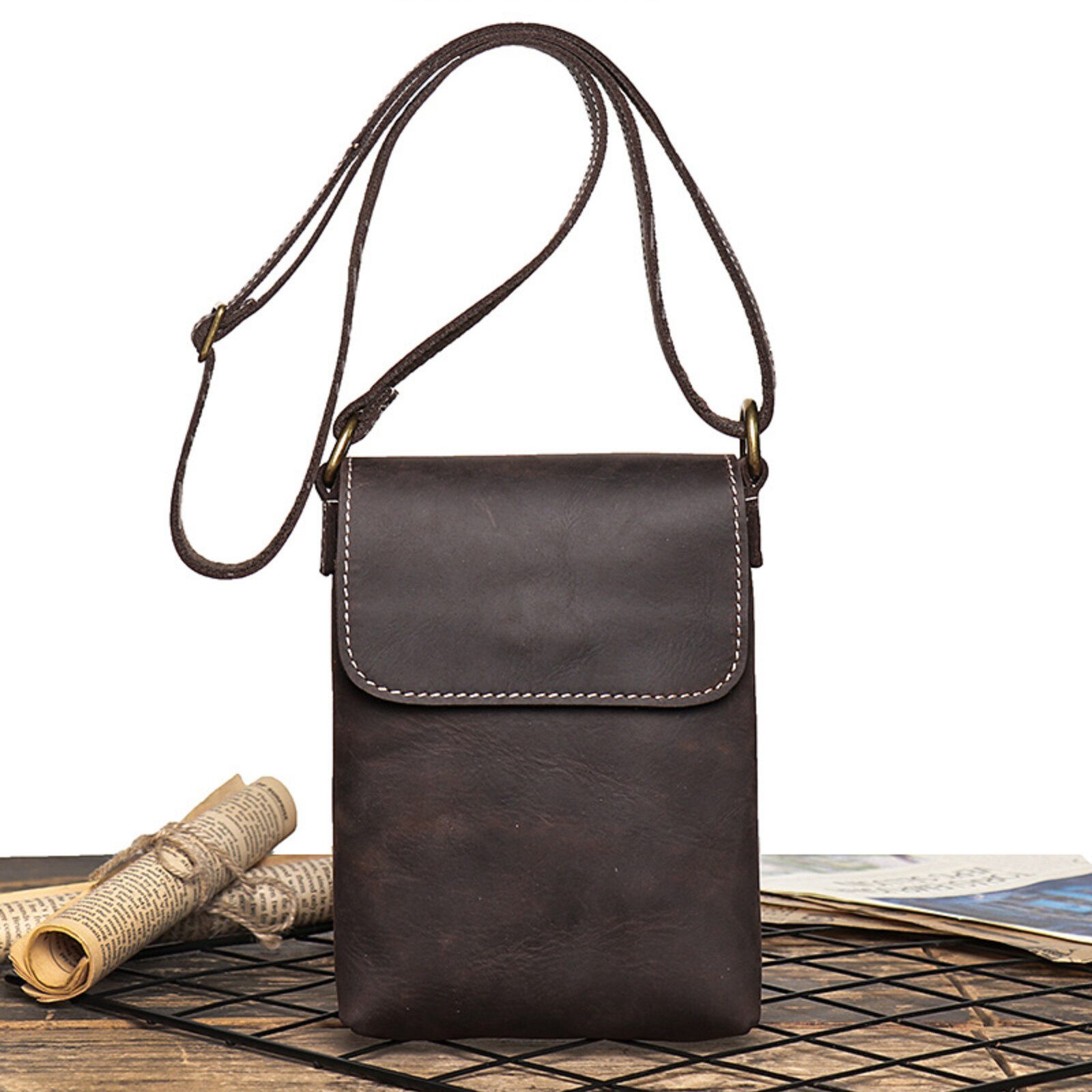 Mens Leather Shoulder Bag Small Crossbody Pouch Vintage Phone Wallet Carrier