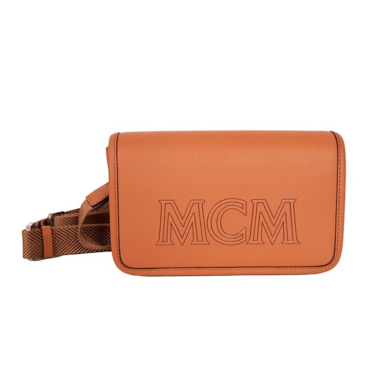 NEW $730 MCM Cognac Brown Leather MINI AREN LOGO Messenger CROSSBODY BAG NWT