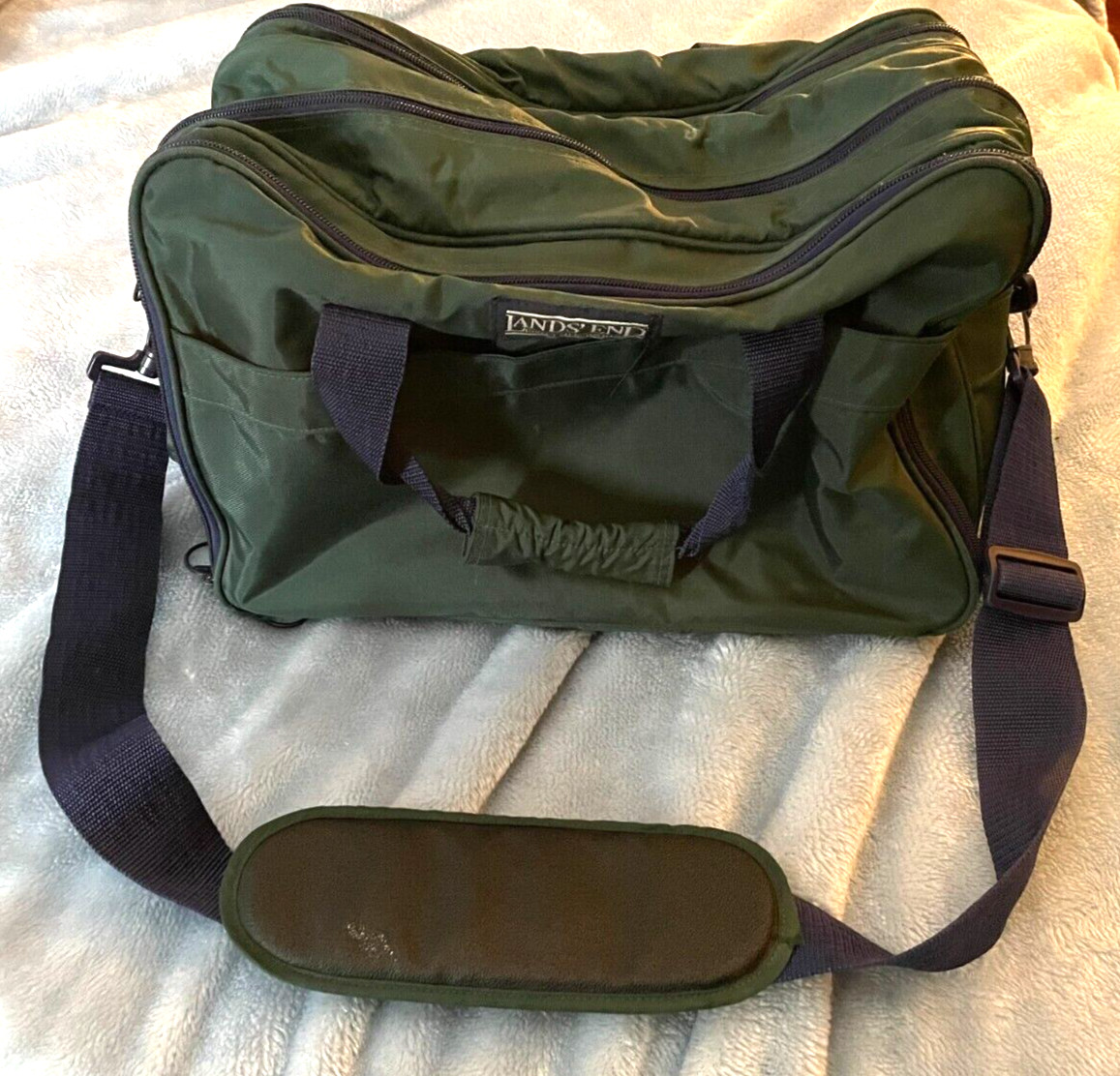 Lands’ End Direct Merchants Classic Green Duffel Bag Made in USA Big Zippers