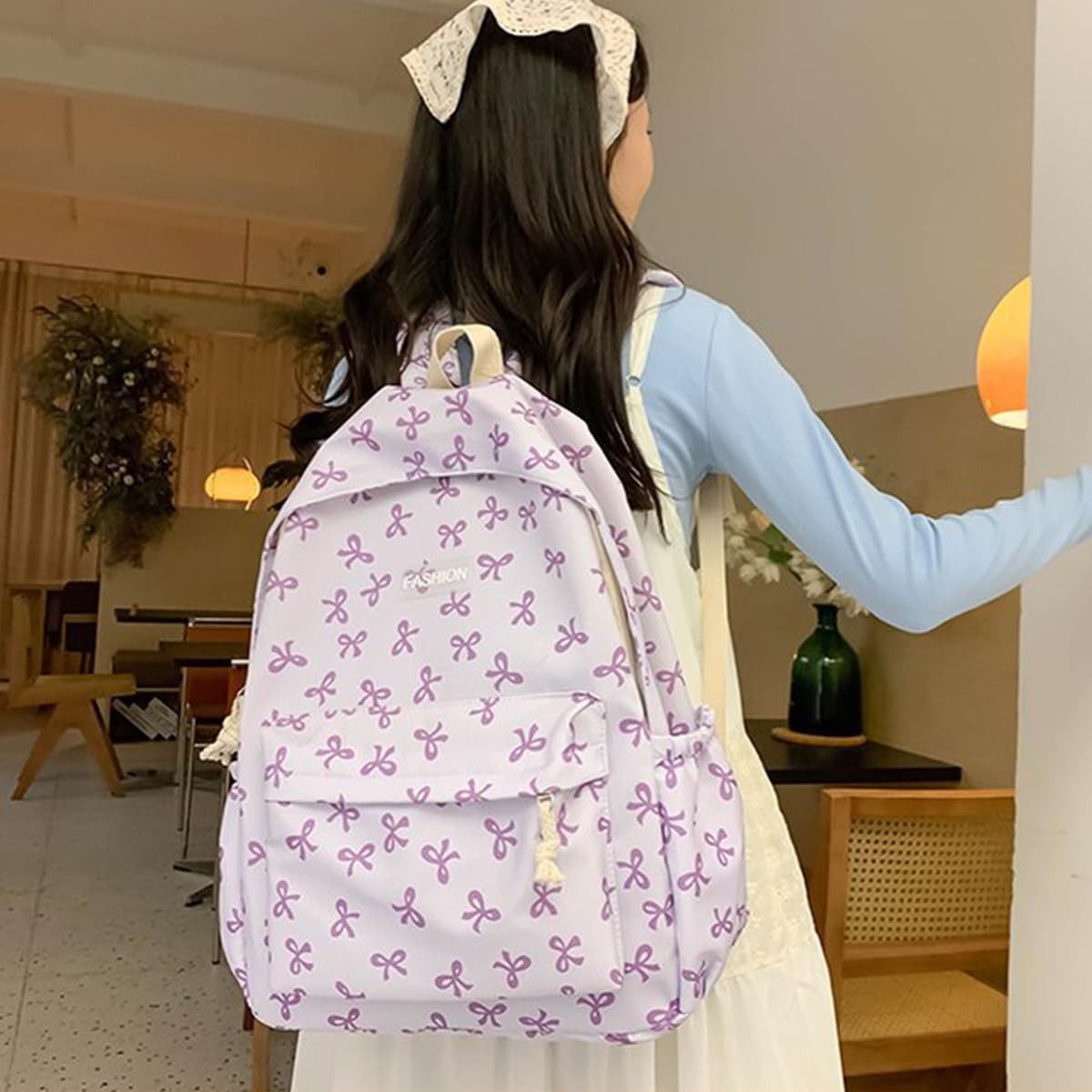Classic Cute Bow Tie Printed Backpack 16.9 Inch Kawaii Casual Simple Lightwei…