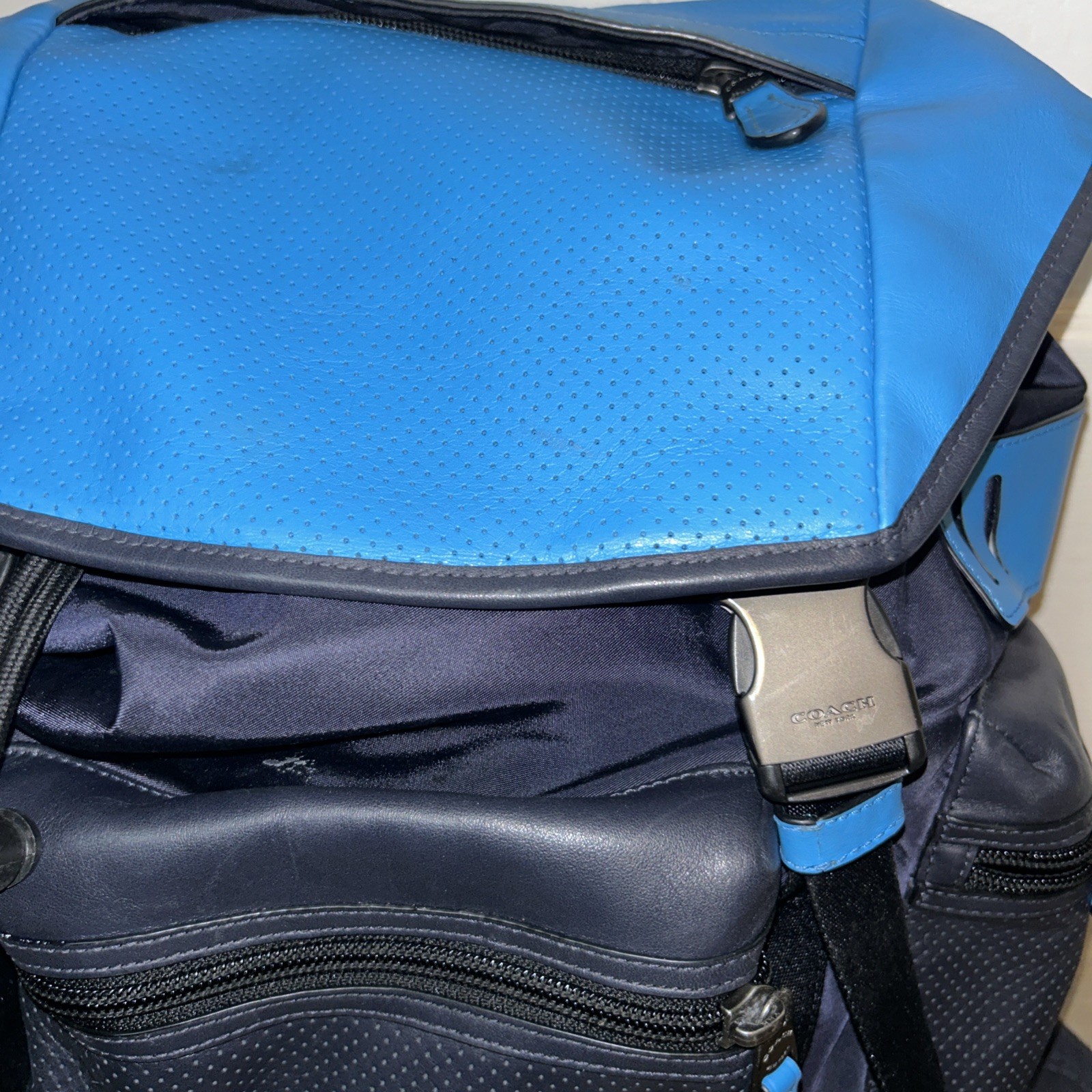 COACH Terrain Trek Leather Backpack Perforated Blue & Black Luxury Travel F57477