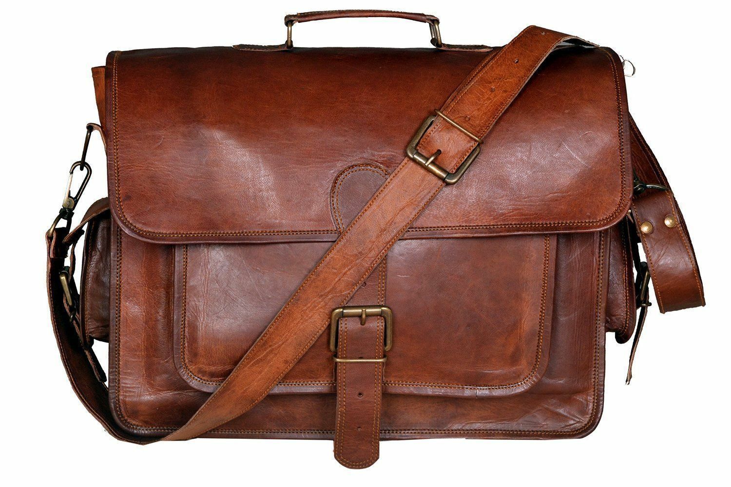 Vintage Men Full Grain Leather 15″ Laptop Briefcase Shoulder Bag Satchel Attache