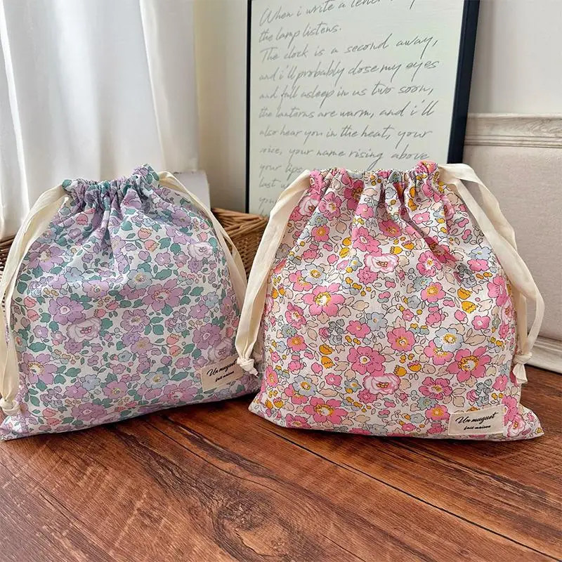 Handmade Floral Cotton Drawstring Bag Vintage Storage Pouch Eco Friendly Makeup