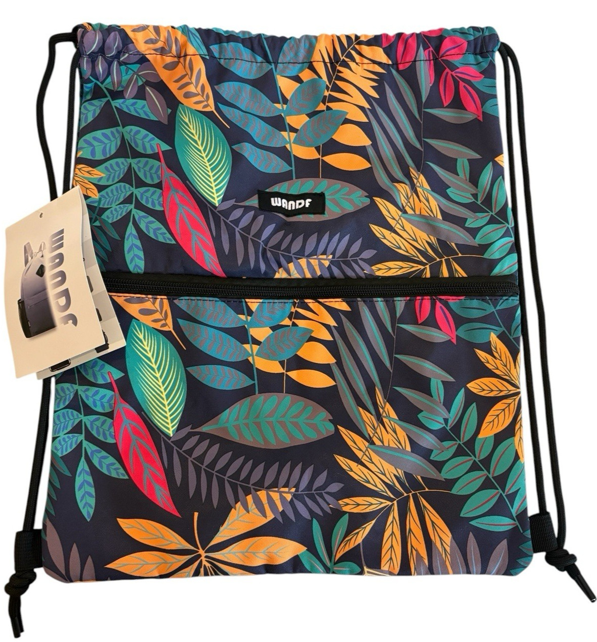 New Wandf Drawstring Backpack Cinch Bag Water Resistant Blue Leaf