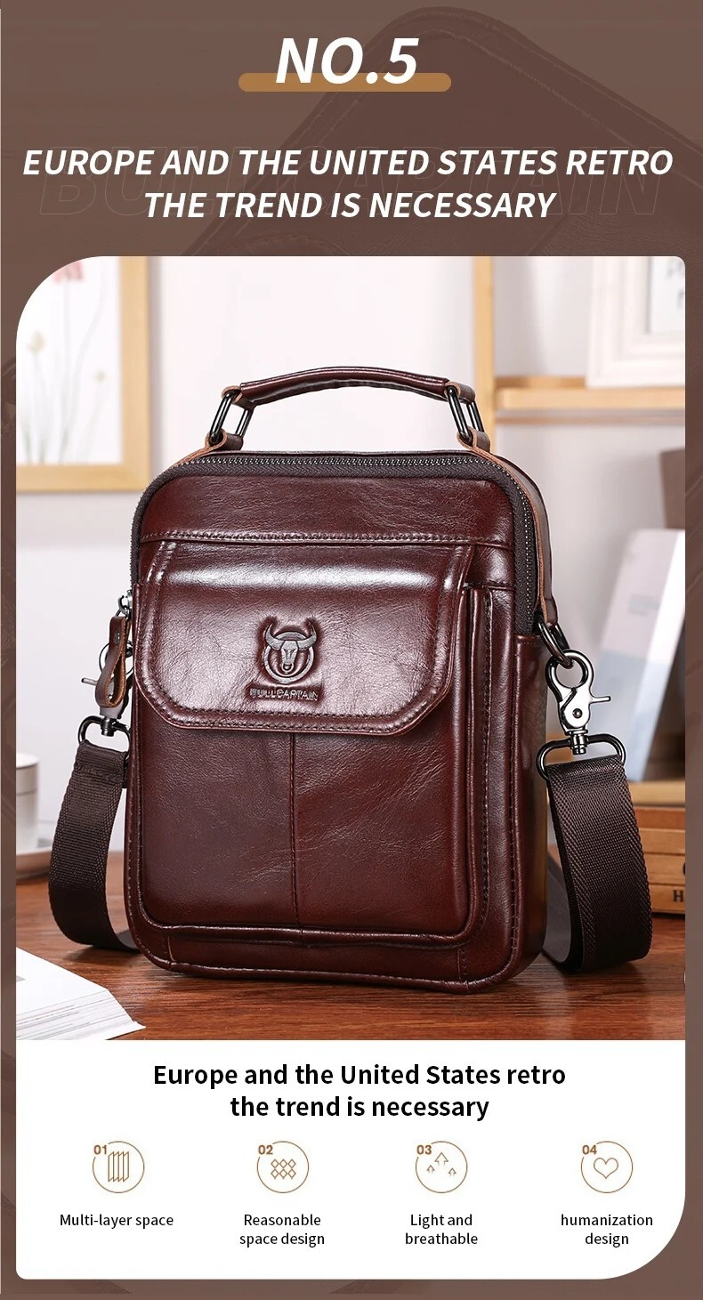 BULLCAPTAIN Men’s Leather Shoulder Bag 7.9″ Handbag Retro Casual Crossbody Bag