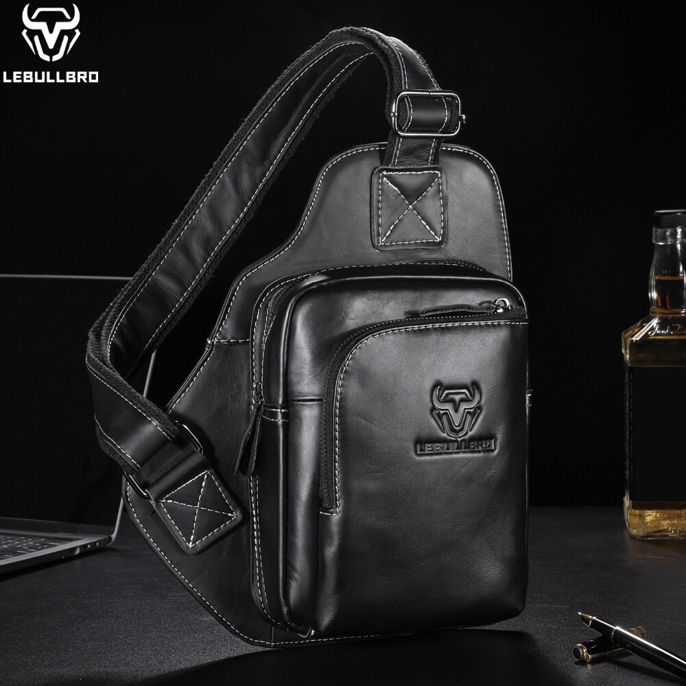LEBULLBRO Mens Chest Bag Genuine Leather Sling Backpack Crossbody Shoulder Bag