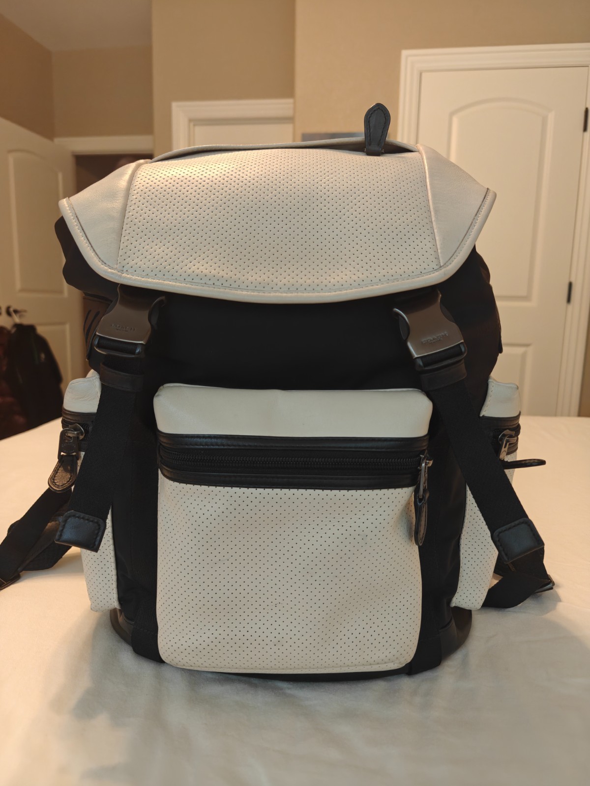 Coach Terrain Trek Backpack Perforated Leather Laptop Bag Black Chalk F57477
