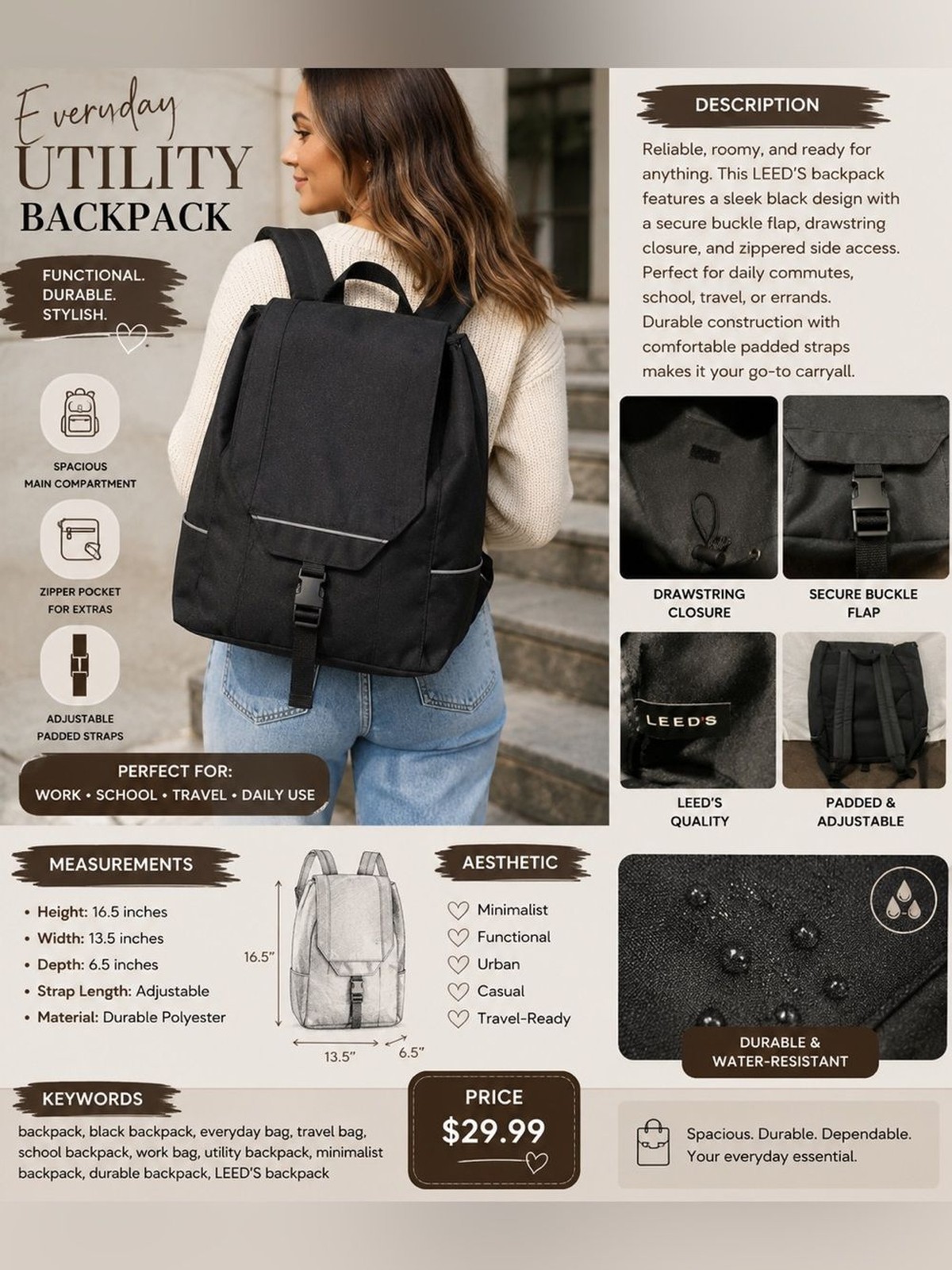 Classic Black Men’s Backpack with Buckle Closure – Leeds