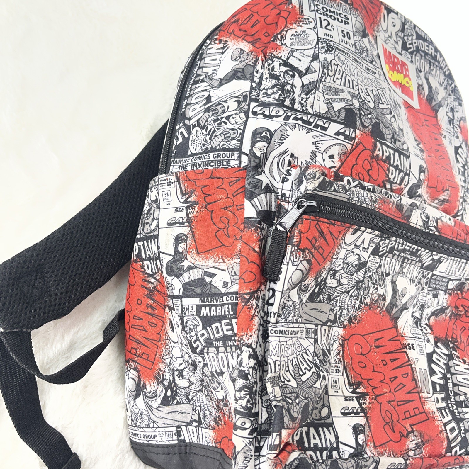 MARVEL COMIC BOOK BLACK & WHITE COVERS BACKPACK Spider-Man, Iron Man, Thor