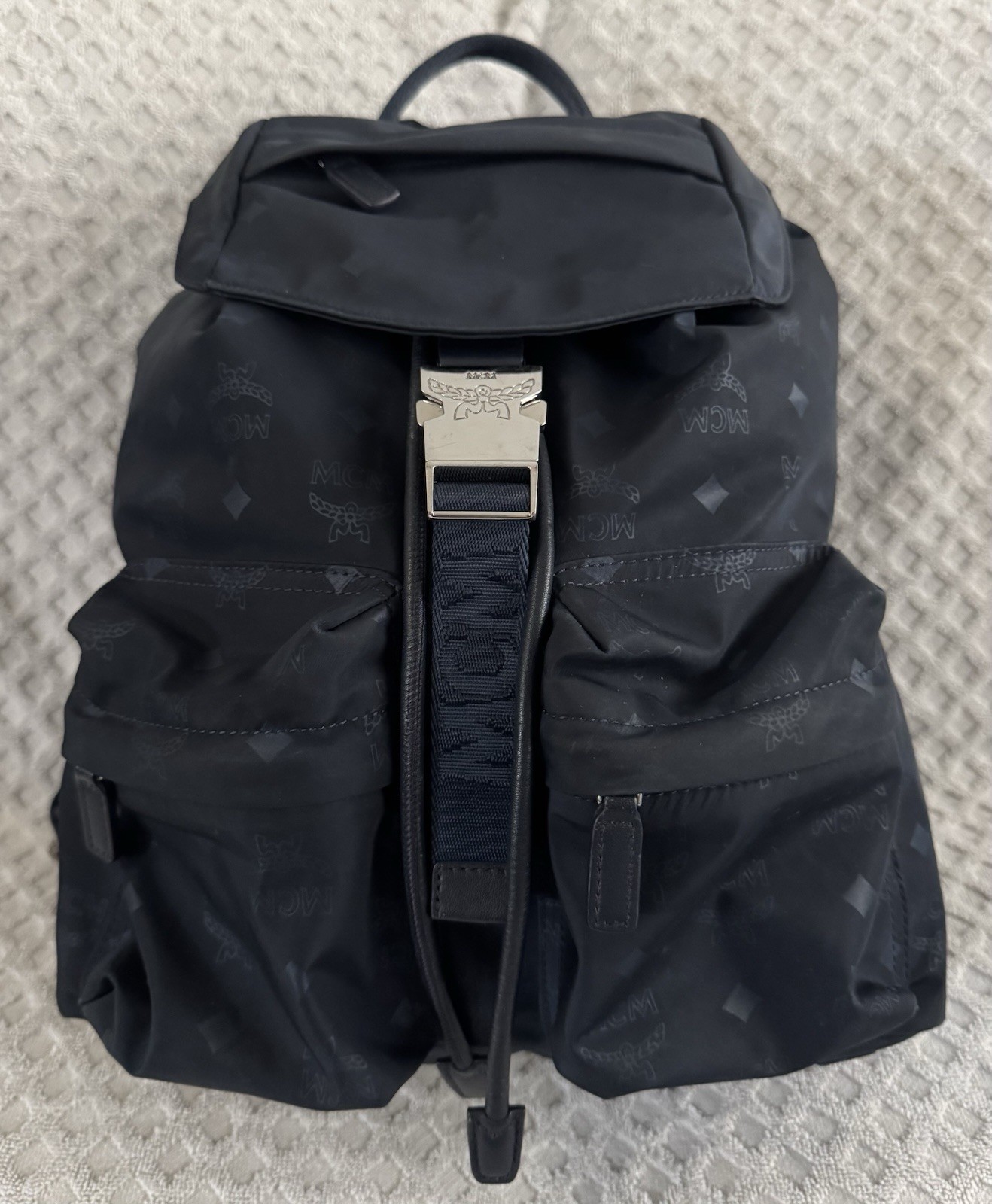 MCM Dieter Two Pocket Monogram Visetos Nylon Leather Flap Backpack Navy Blue Bag
