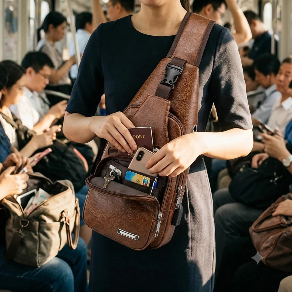 Brown Chest Crossbody Bag Sling Backpack for Men with USB Charge Port
