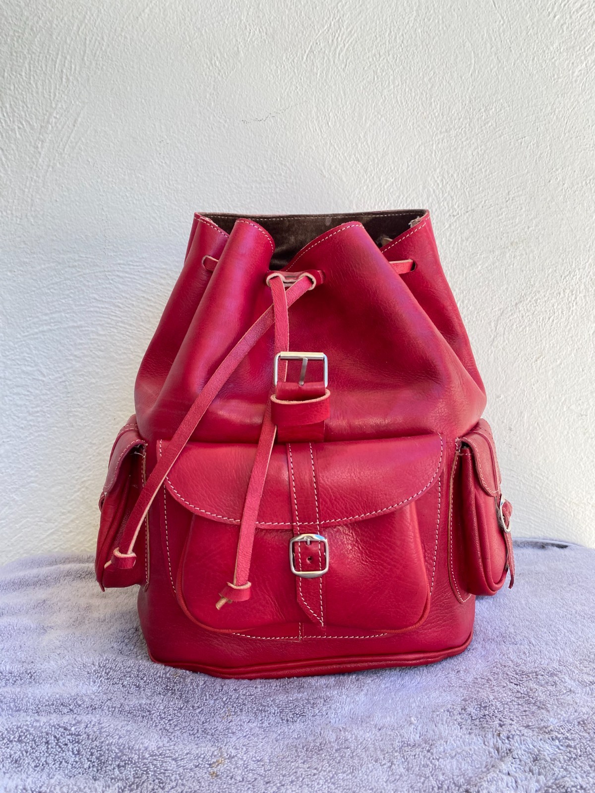 Red Leather Backpack Handmade Morocco Belt Buckle Front Back Pocket Bag