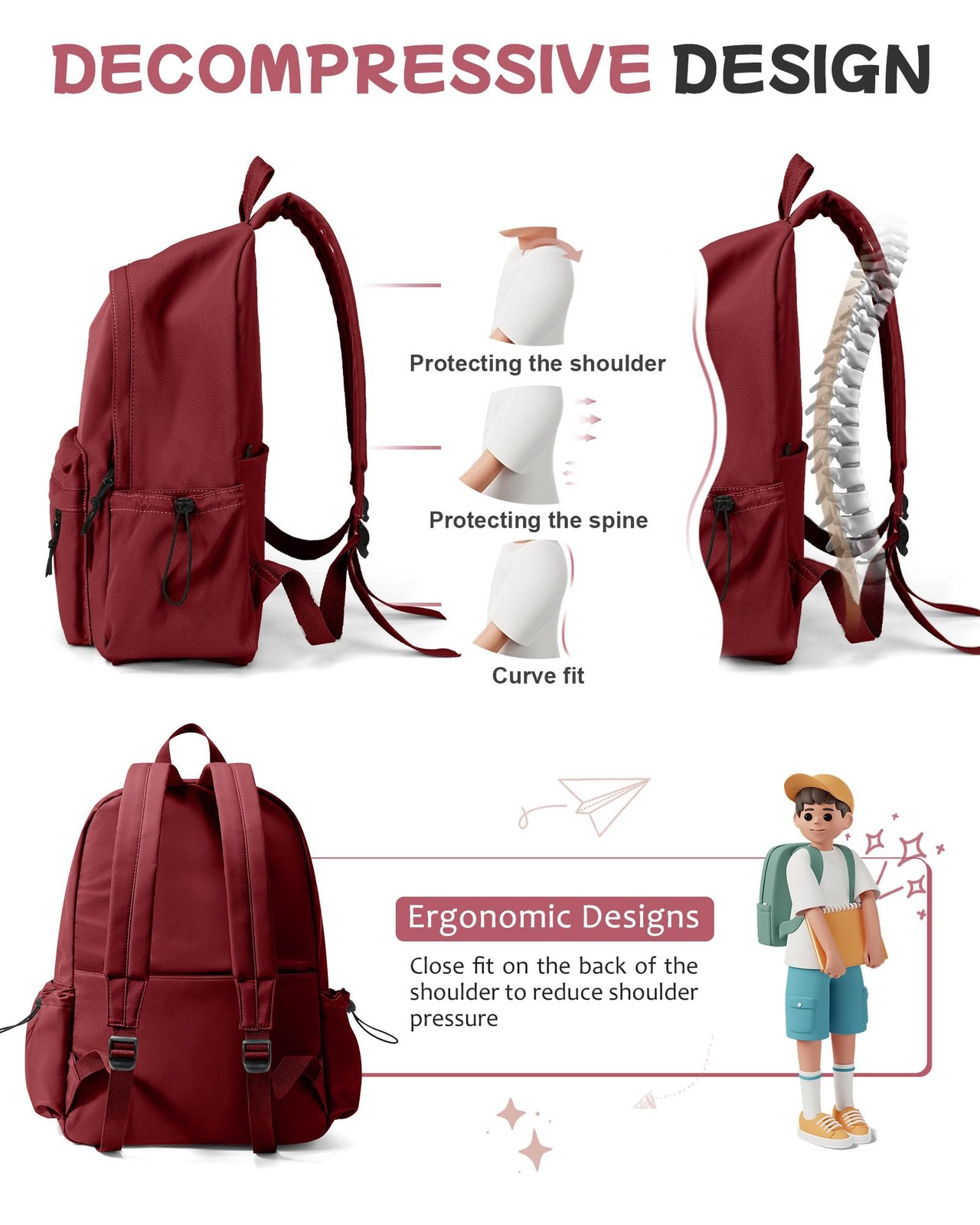 Red Lightweight Basic Backpack for High SchoolCollege Bookbag for WomensTrave…
