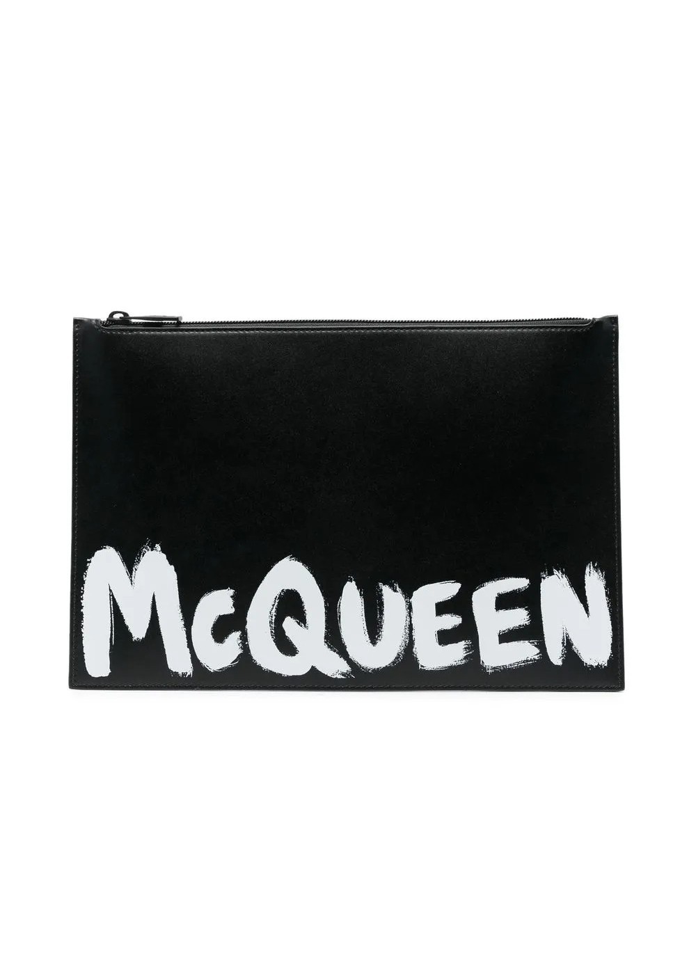 (NO CUSTOMS TAX) ALEXANDER MCQUEEN black white graffiti logo leather clutch bag