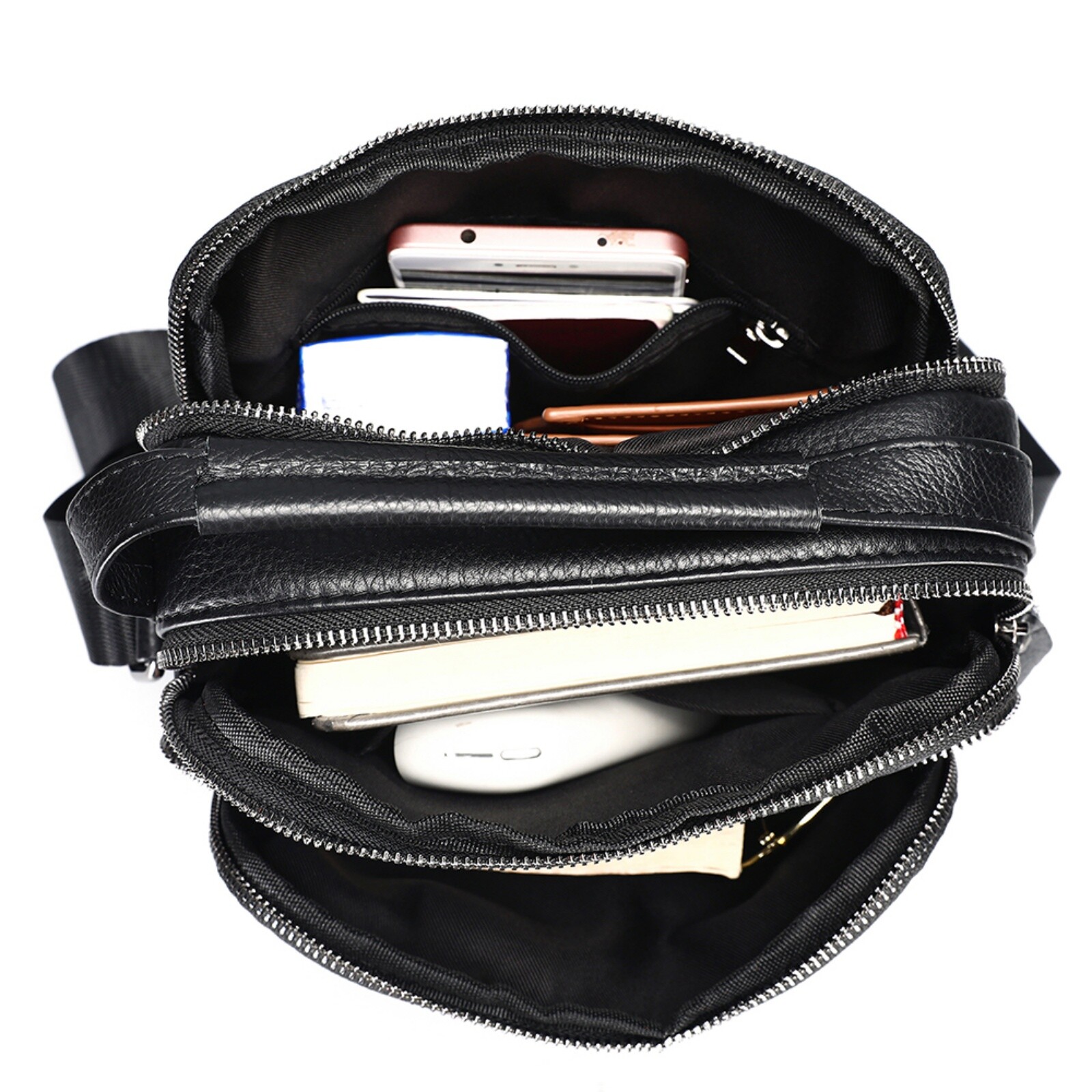 Men’s Genuine Leather Shoulder Bag Crossbody Messenger with Pockets Black