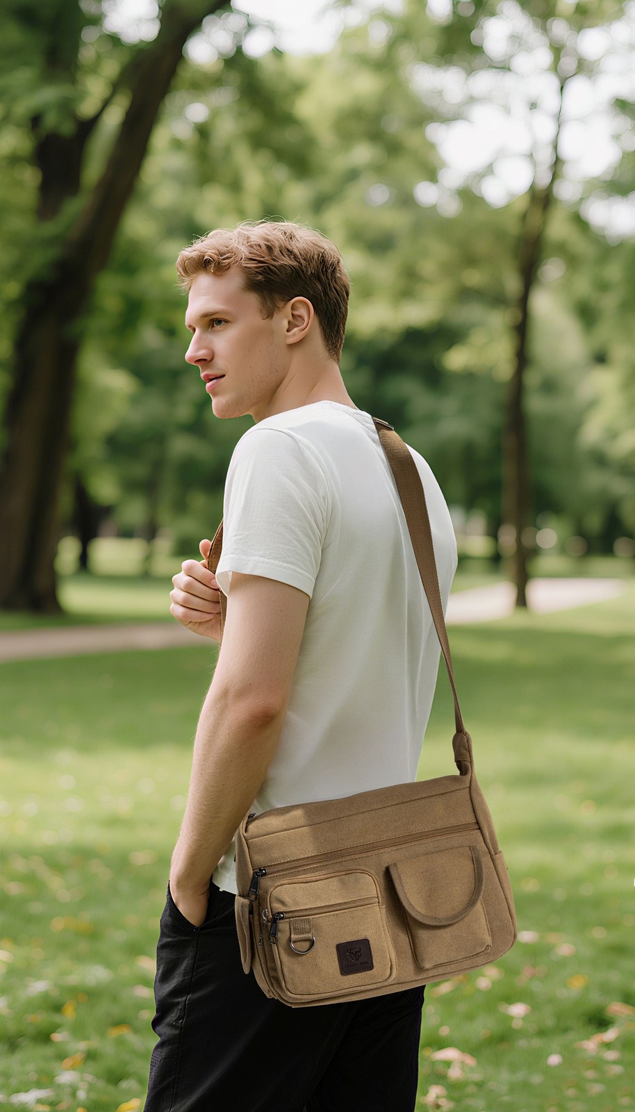 Men’s Canvas Shoulder Crossbody Bag Casual Work Travel Multi-Pocket Satchel