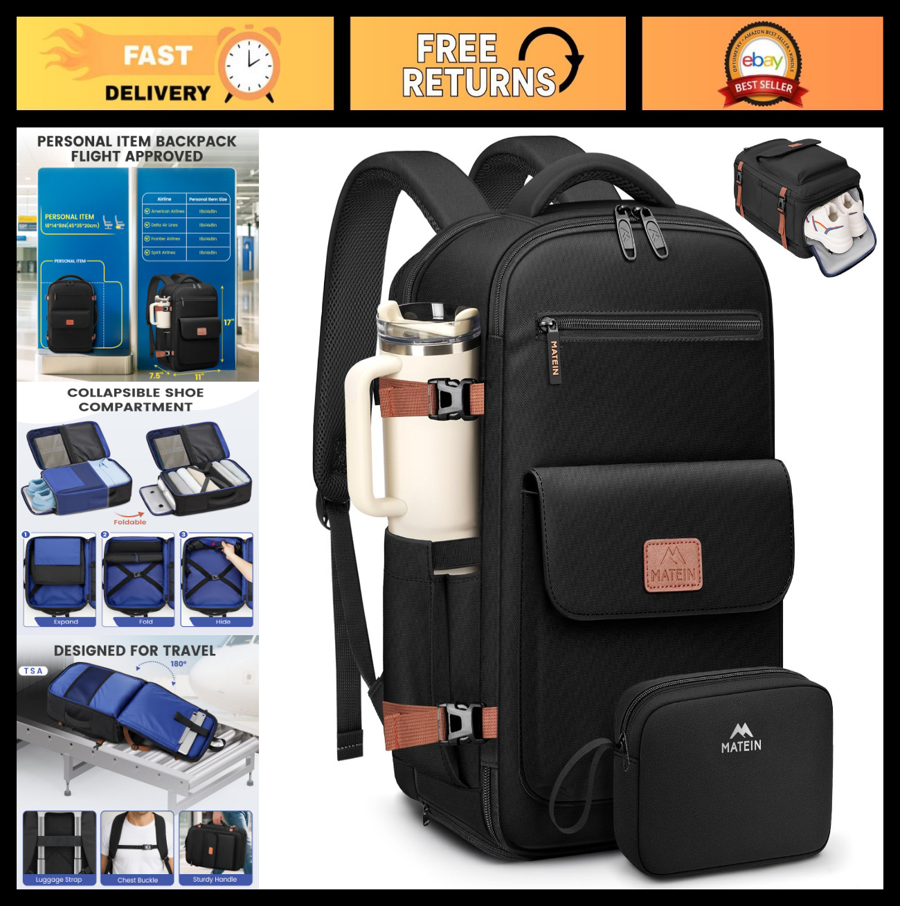 Underseat Travel Backpack 18x14x8, Fits 15.6″ Laptops, TSA Approved, Shoe Compar