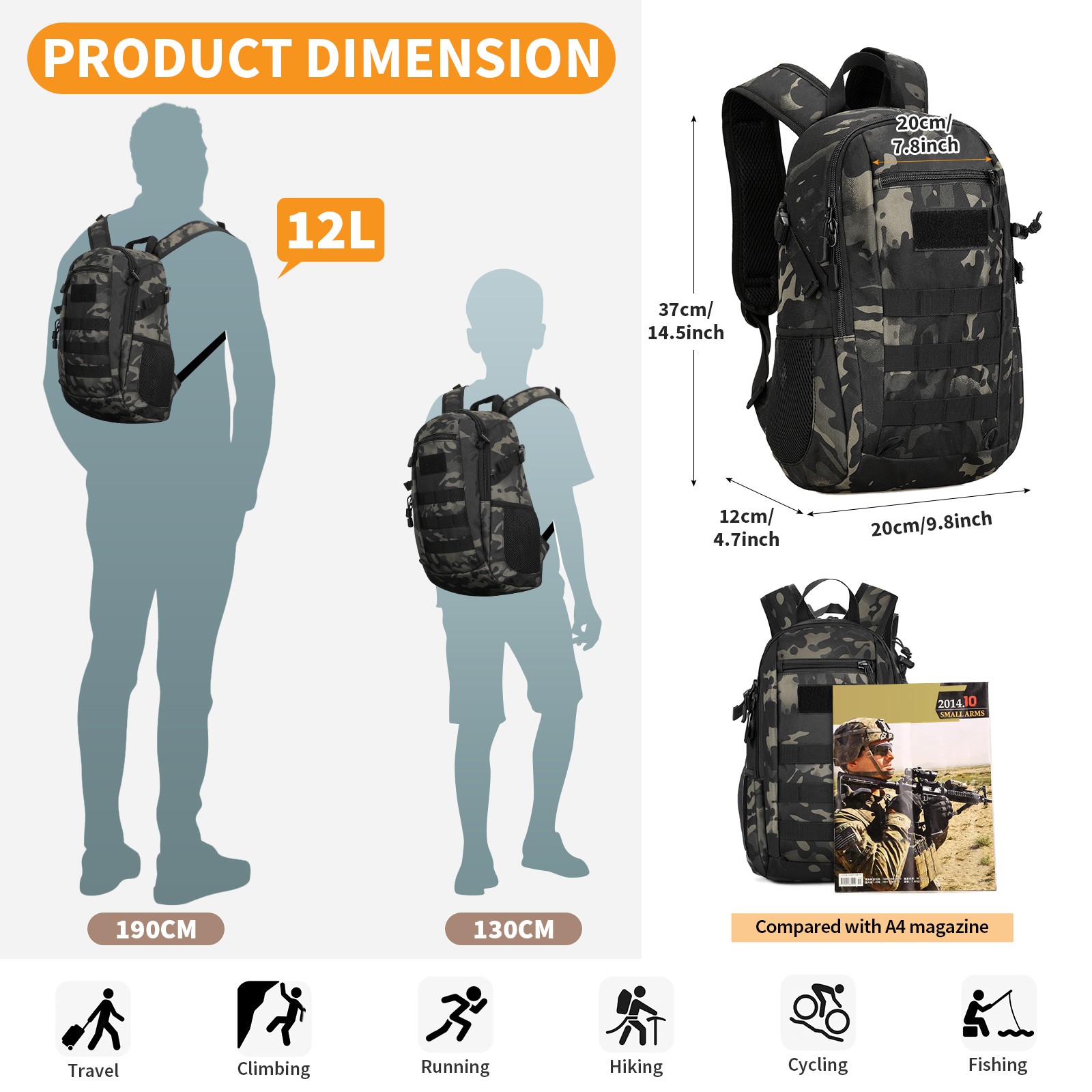 12L Men Women Military Tactical Backpack Molle Rucksack Assault Pack Travel Bag