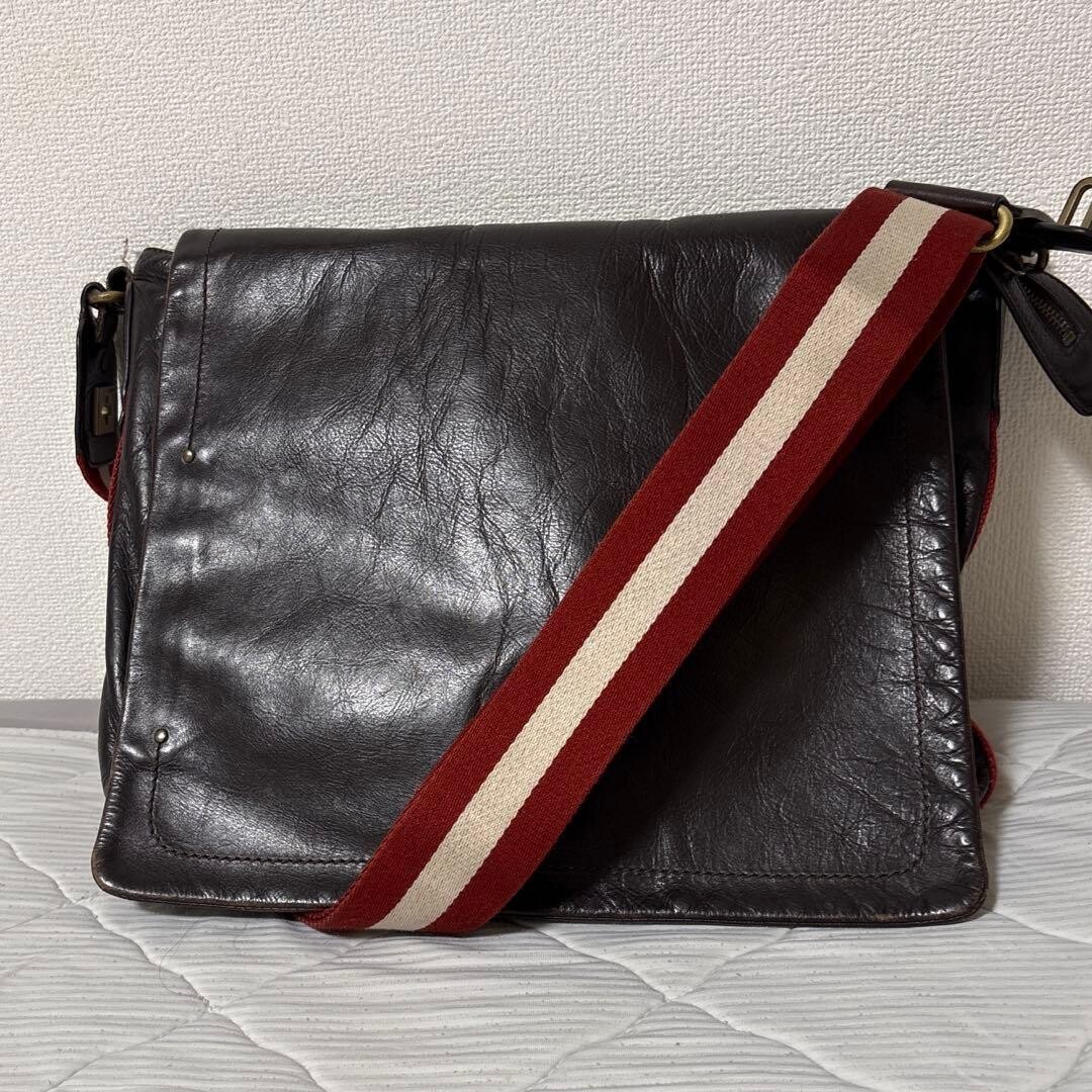 Bally Dark Brown Leather Messenger Bag Trainspotting Stripe Men Vintage