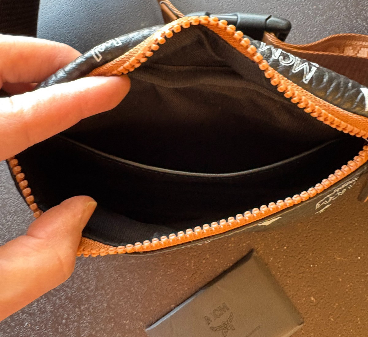 MCM Visetos 3 Pocket Belt Bag Black Cognac Sling Waist Pack Crossbody