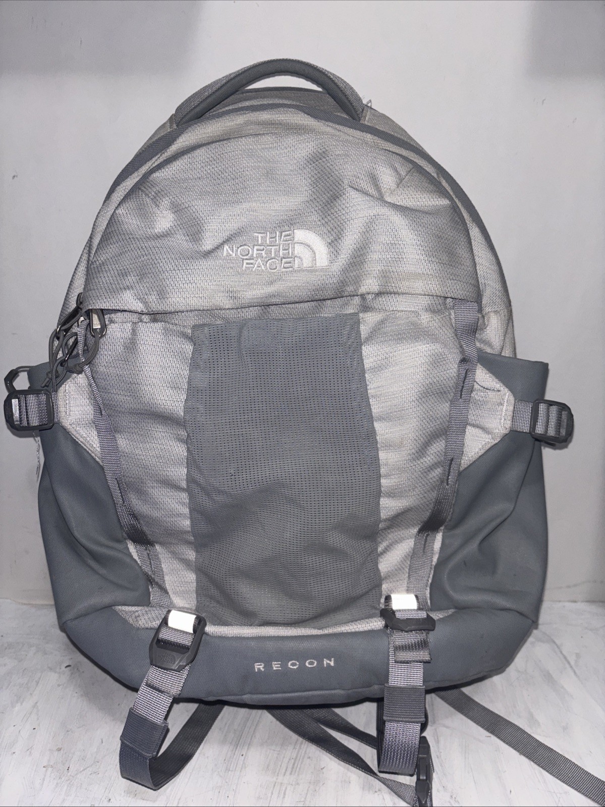 The North Face Backpack Gray Pockets RECON Zip 16” Gray Stains
