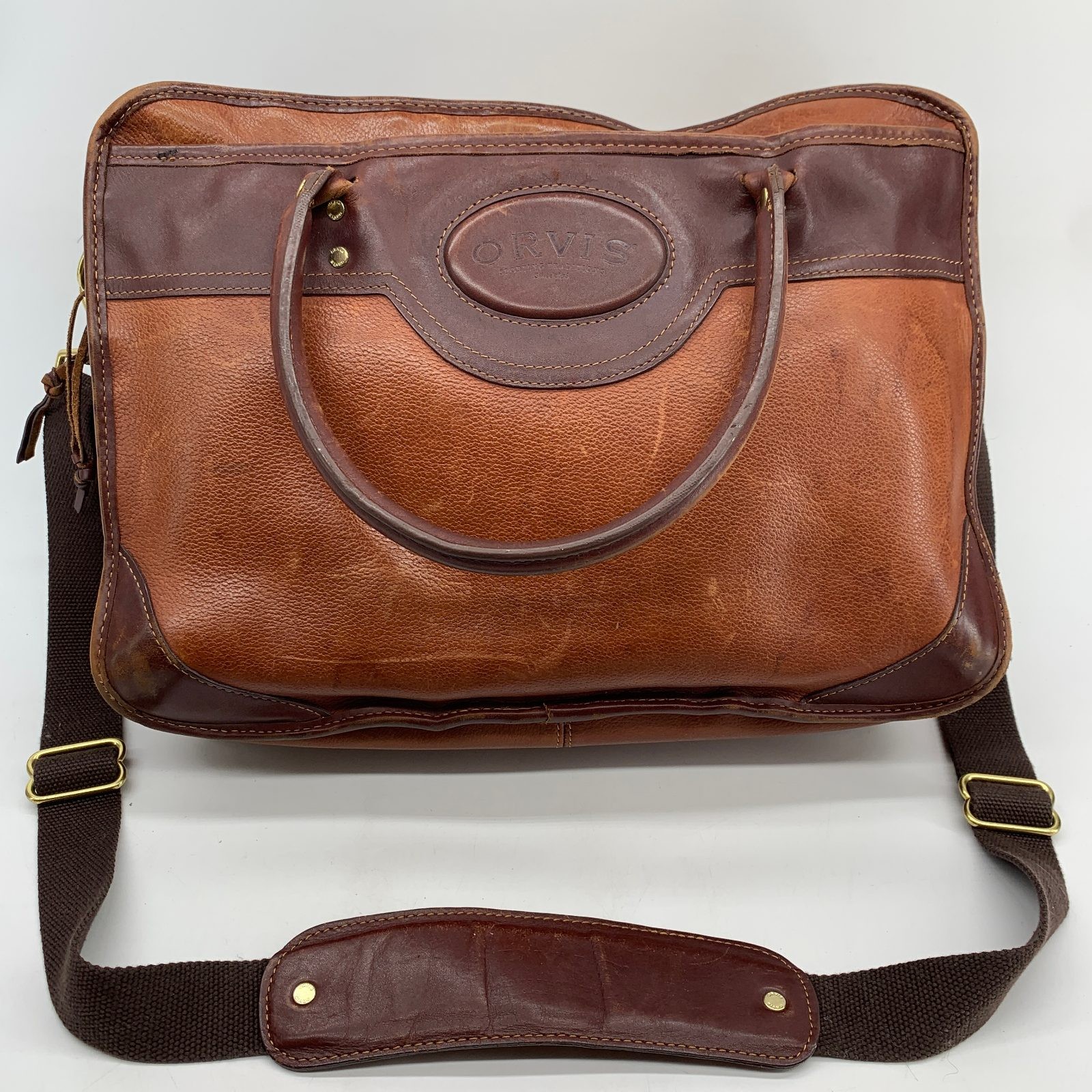 Orvis Sporting Traditions Leather Briefcase Laptop Bag Brown Tan Two-Tone
