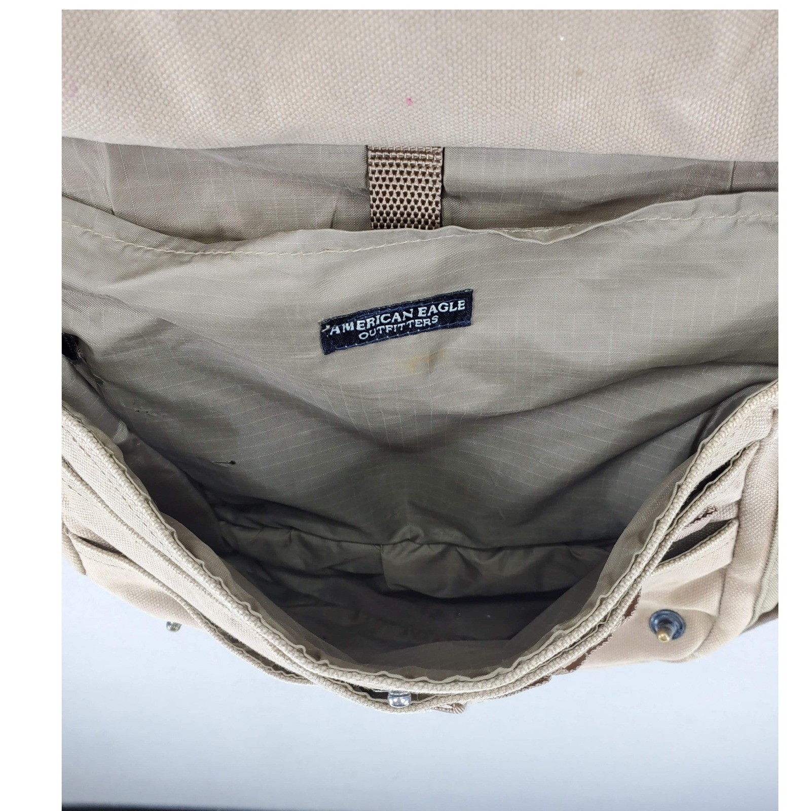 American Eagle Messenger Bag Khaki Canvas Military Utility Multi Pocket VTG Army