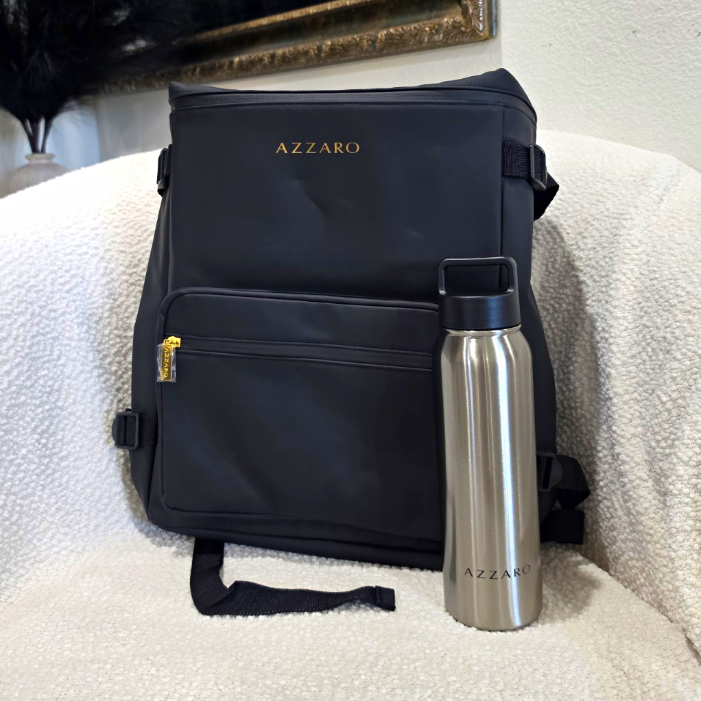 Azzaro Men’s Black Backpack Zip Closure, Adjustable Strap + Water bottle.