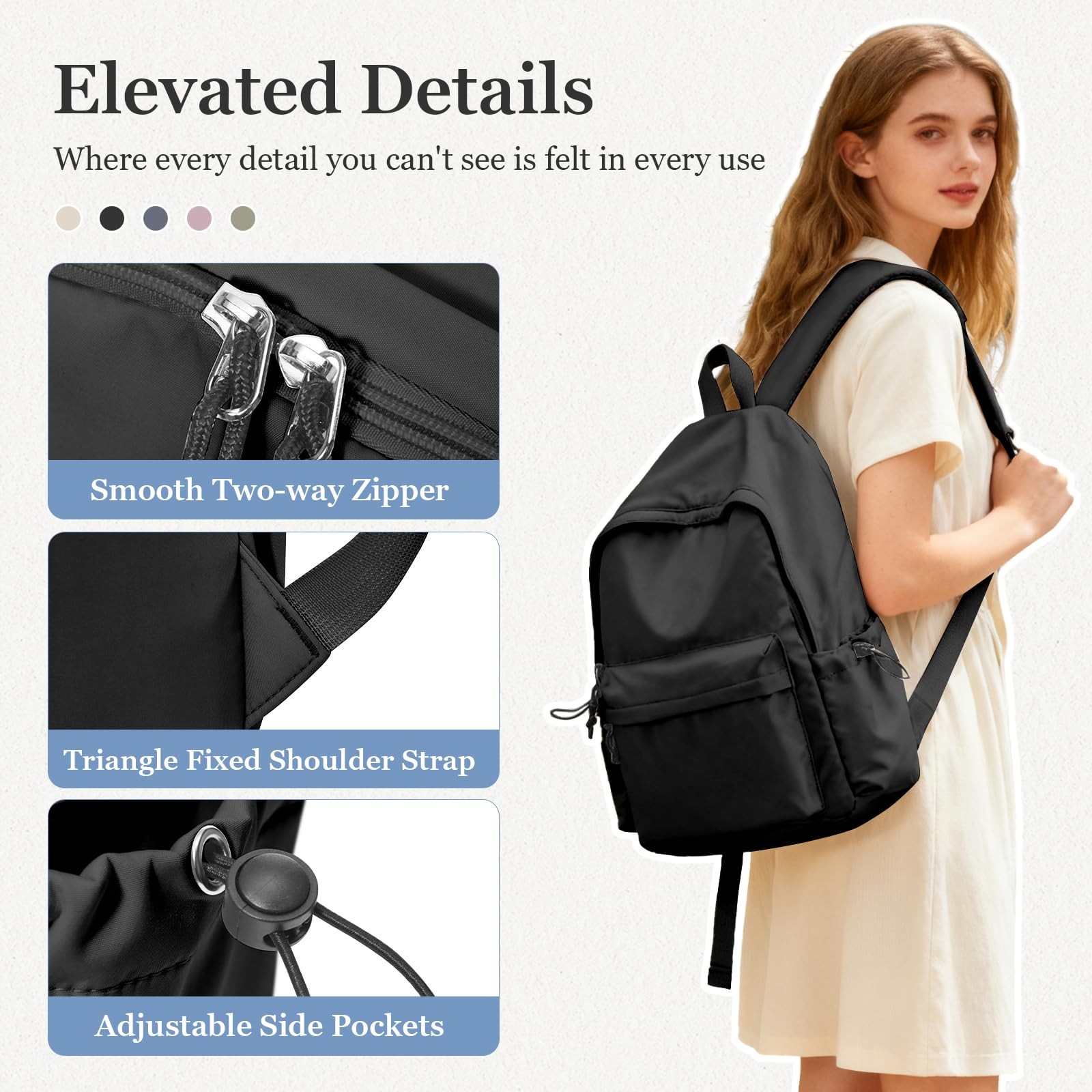 Black Waterproof Middle School Backpack College Bookbag Men Women Teens Girls