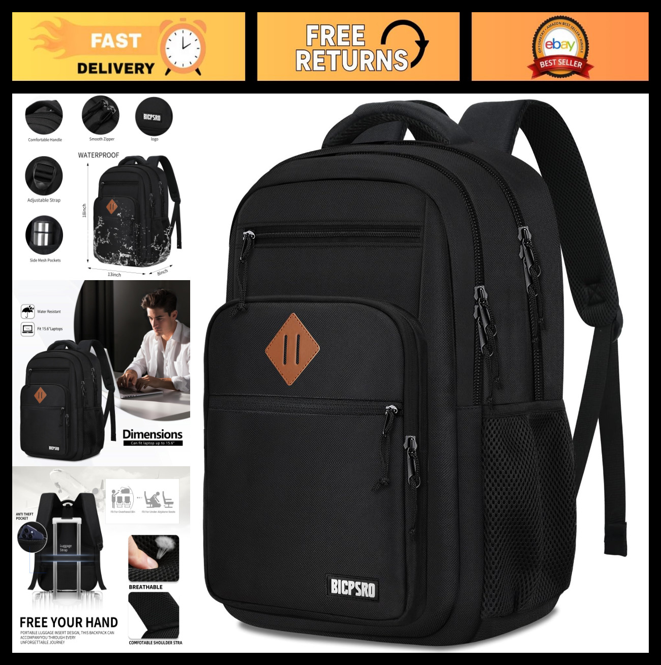 Versatile Black Classic School Backpack for Teens & Adults, 15.6″ Laptop Bookbag