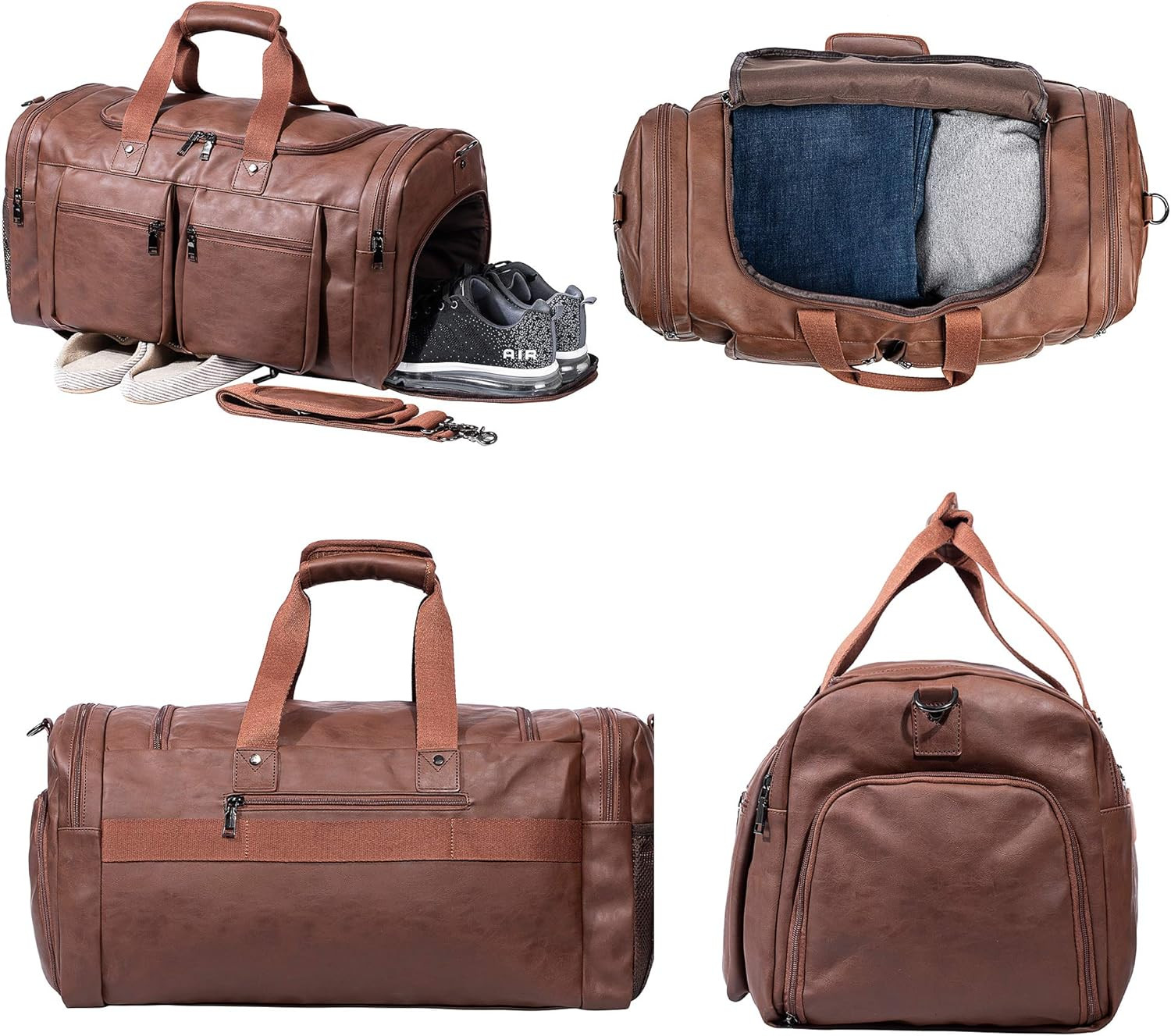 Waterproof Leather Weekender Duffle Bag with Shoe Pouch for Travel – Brown