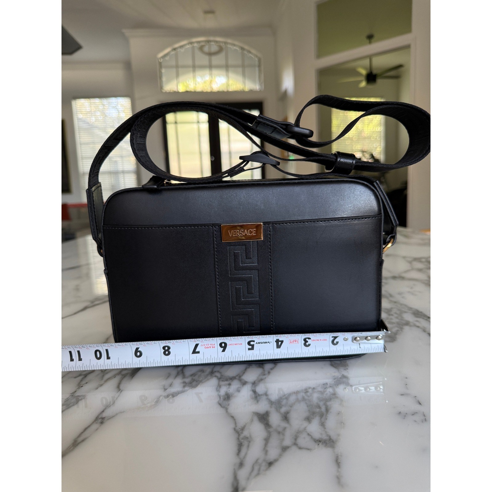 Versace Embossed Greca Black Box Leather Shoulder Bag Crossbody 1010737 Italy