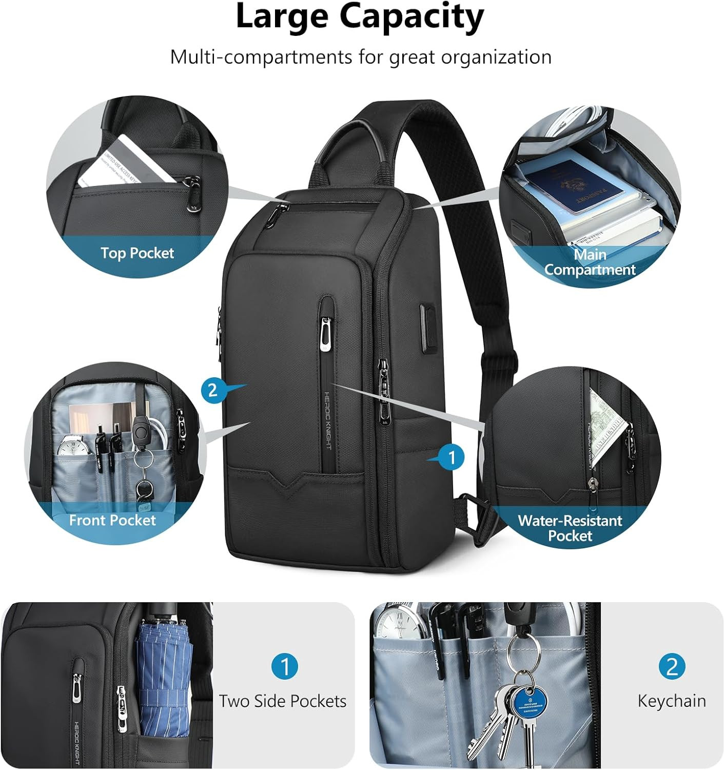 Crossbody Sling Bag for Men, Waterproof Sling Crossbody Backpack with USB Chargi
