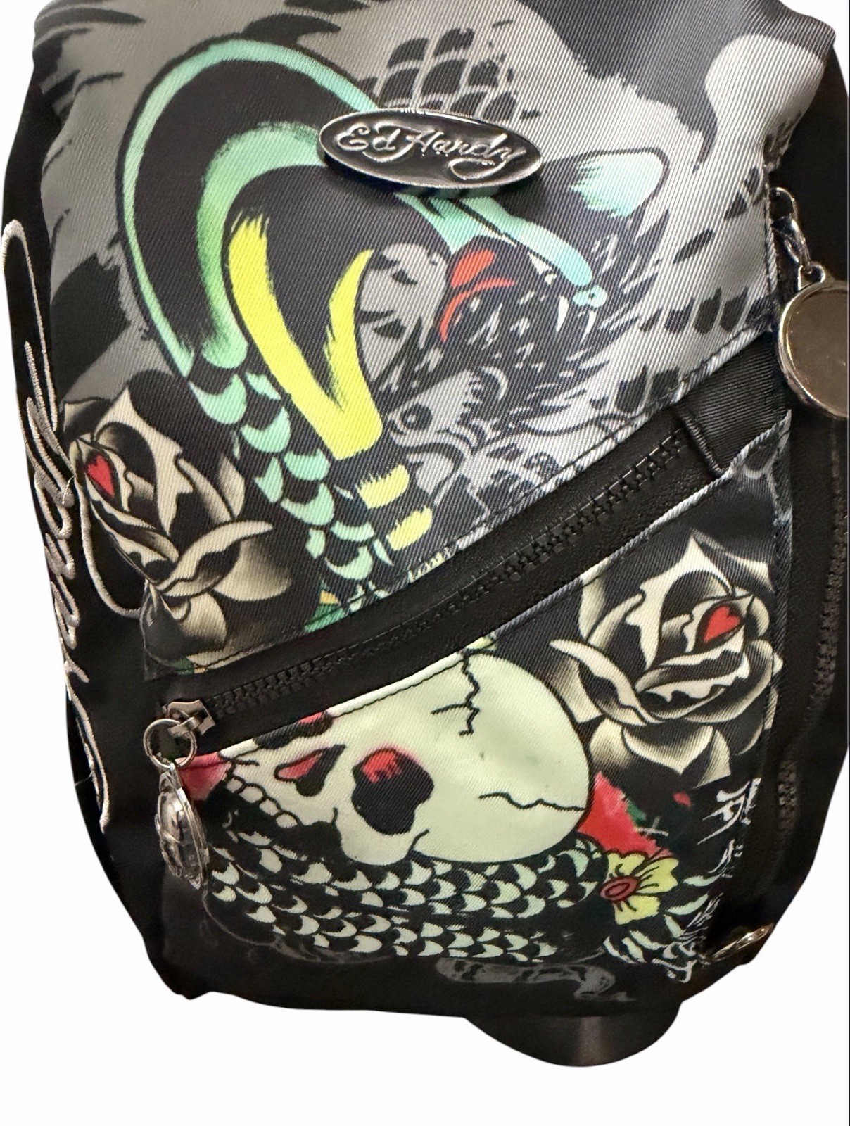 Ed Hardy Sling Backpack Unisex Black New York City Skull Snake Tattoo NWT