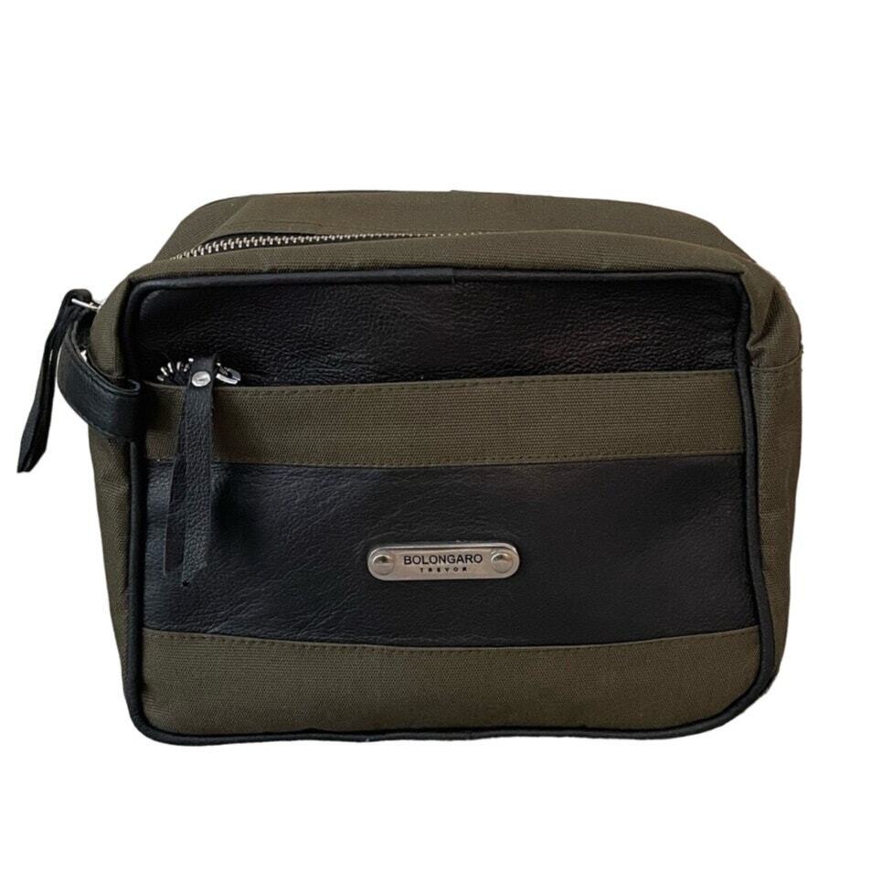New BOLONGARO TREVOR Mens Green Black Leather Pouch Toiletry Bag
