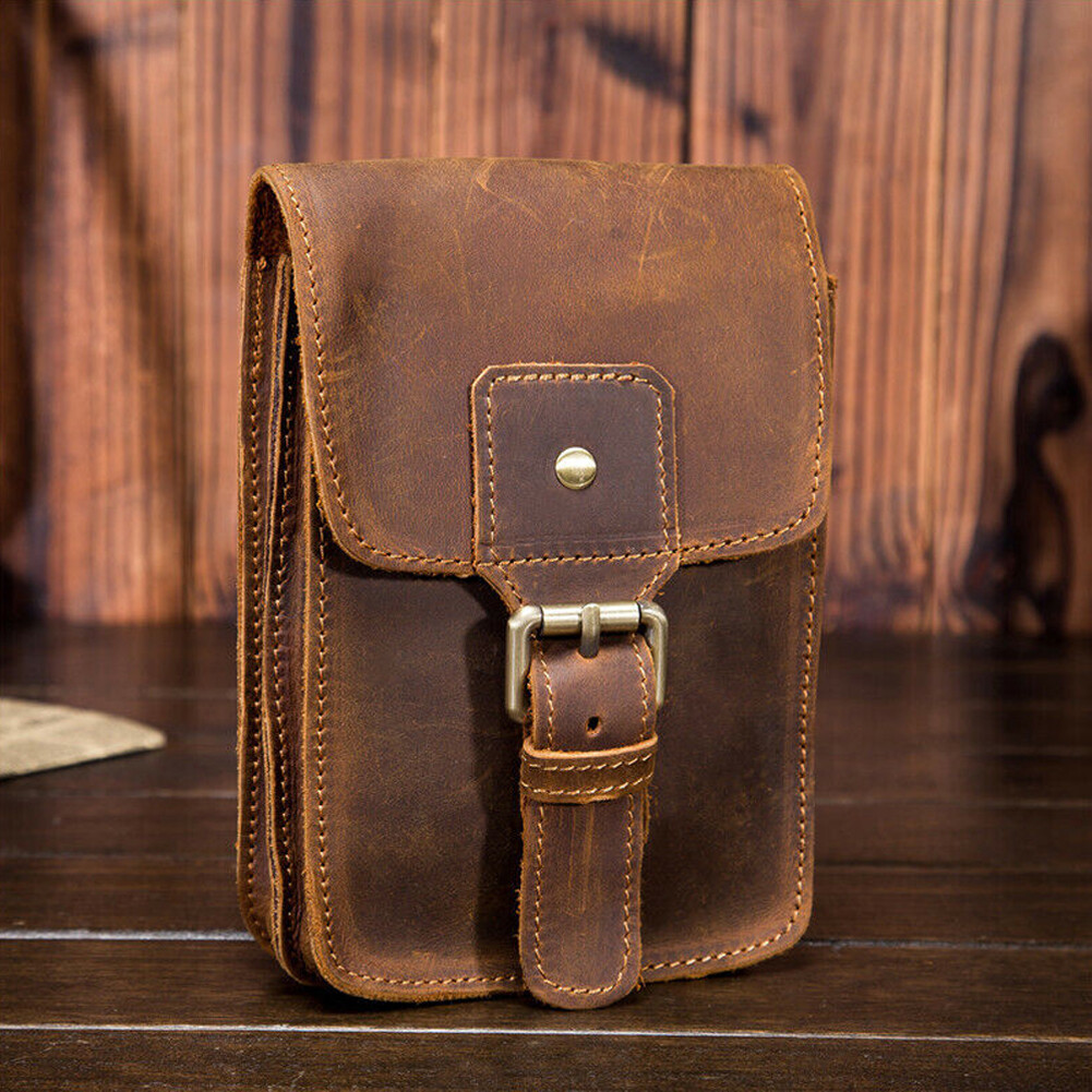 Crazy Horse Leather Men Small Waist Bag Pouch Hook Fanny Waist Belt Pack-