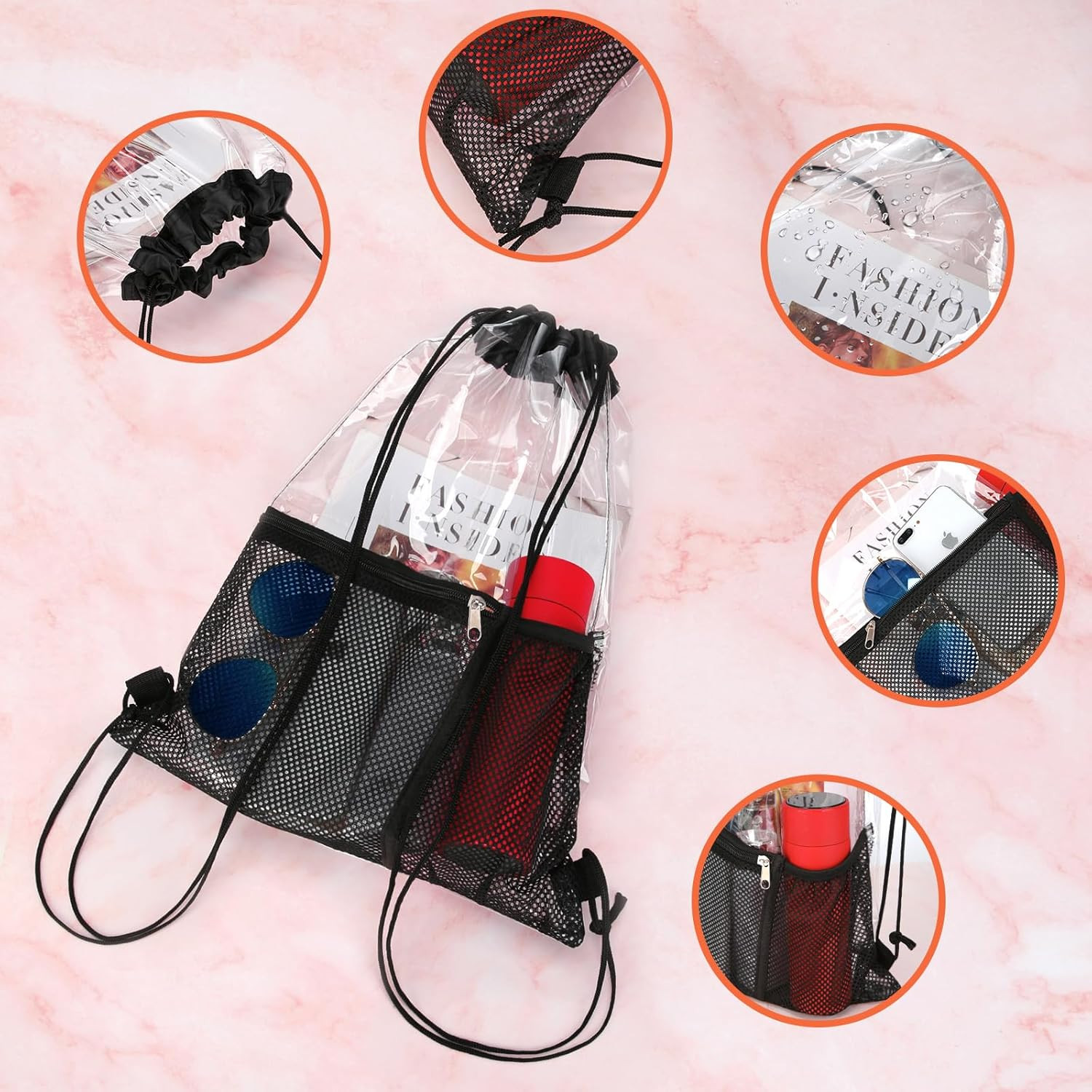 NATURAL STYLE 2 PACK Clear Drawstring Bag Stadium Approved, See through Transpar