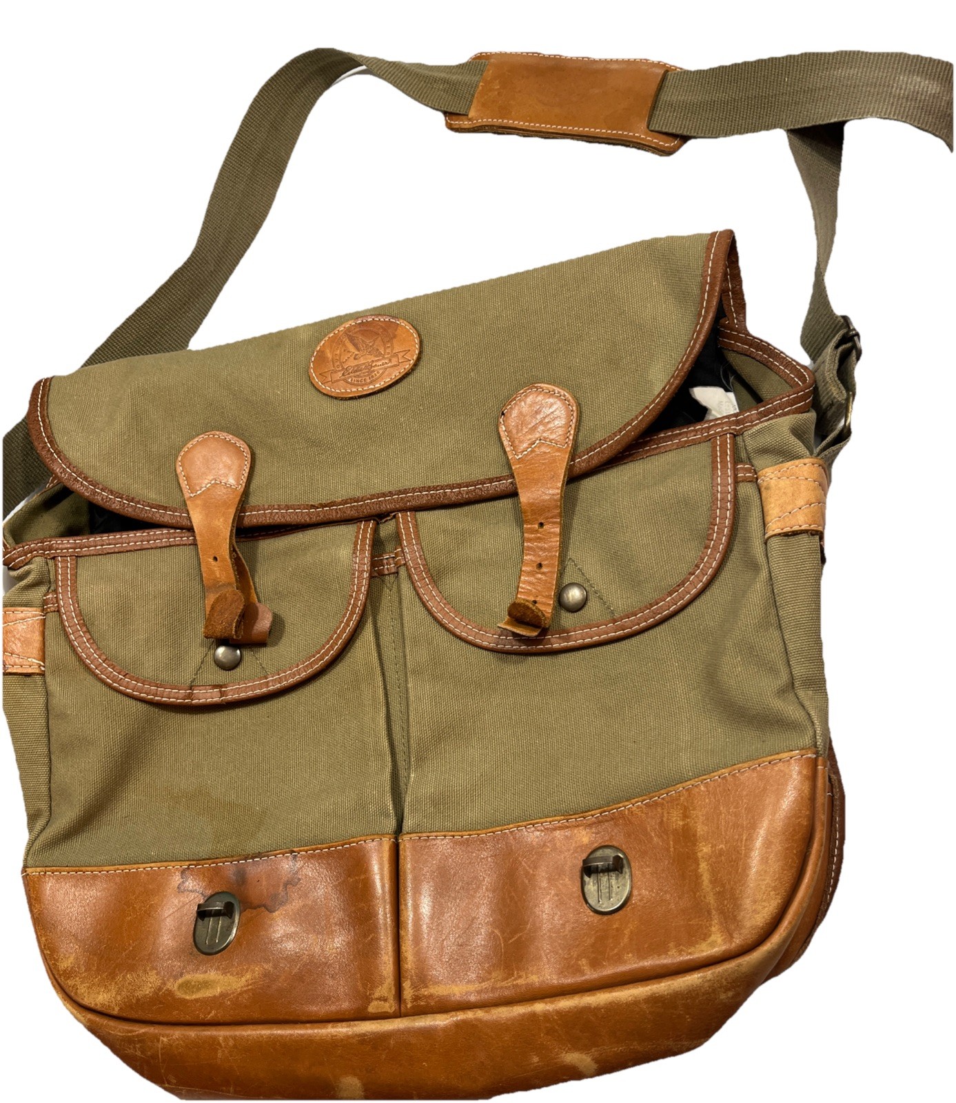 VTG Eddie Bauer Brown Leather Green Cotton Canvas Messenger Bag Crossbody Strap