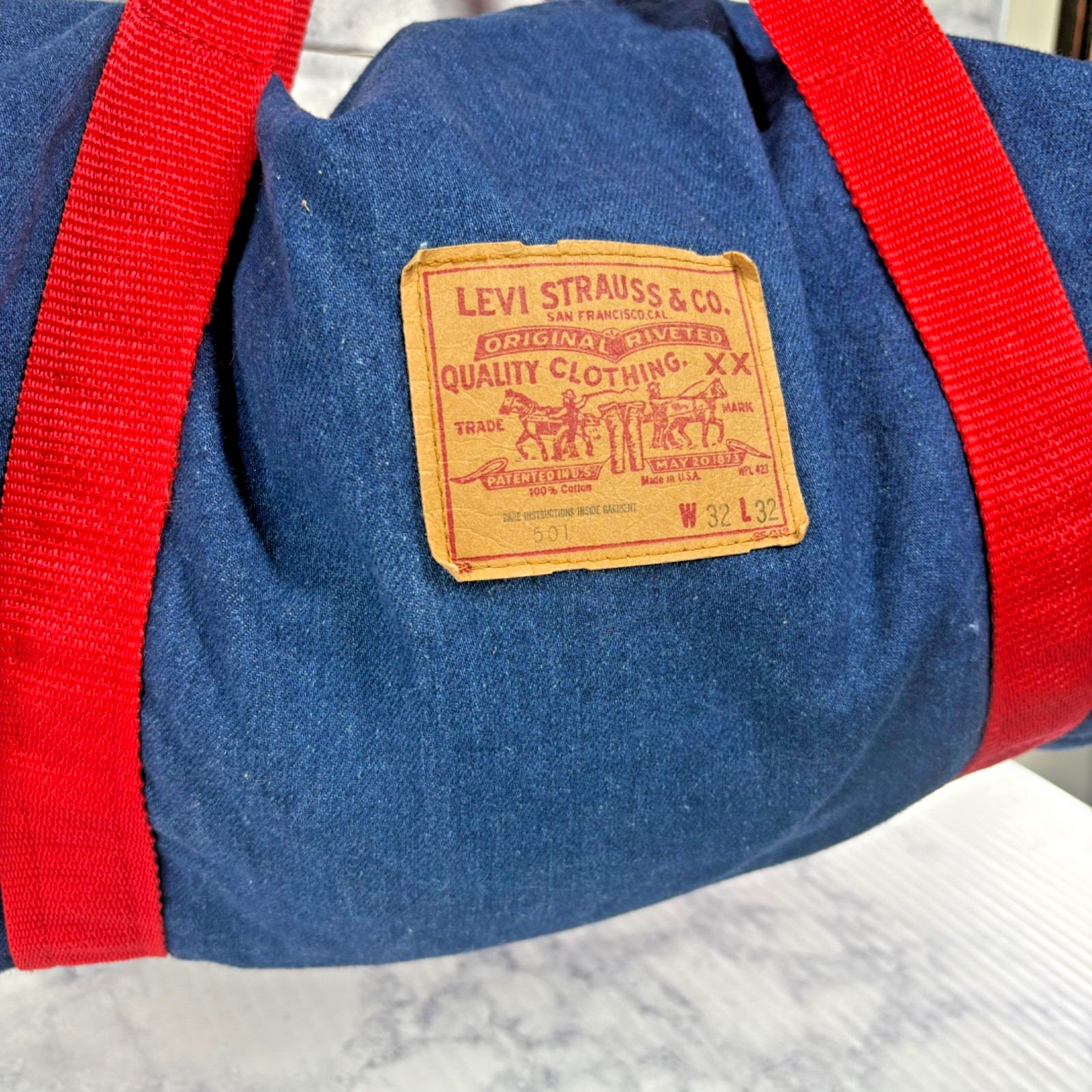 Rare Vtg 70s Levi Strauss 501 Jean Denim Duffel Carry Gym Travel Bag Red Patch