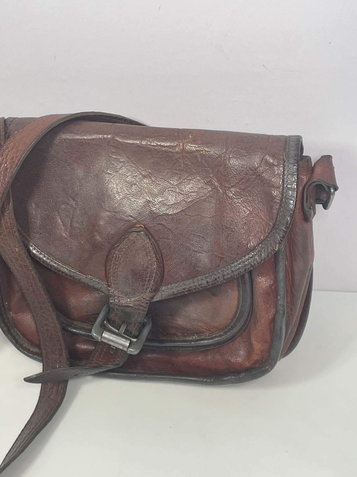Vintage Leather Messenger Bag TTK Shoulder Strap Brown Zipper & Button Closure