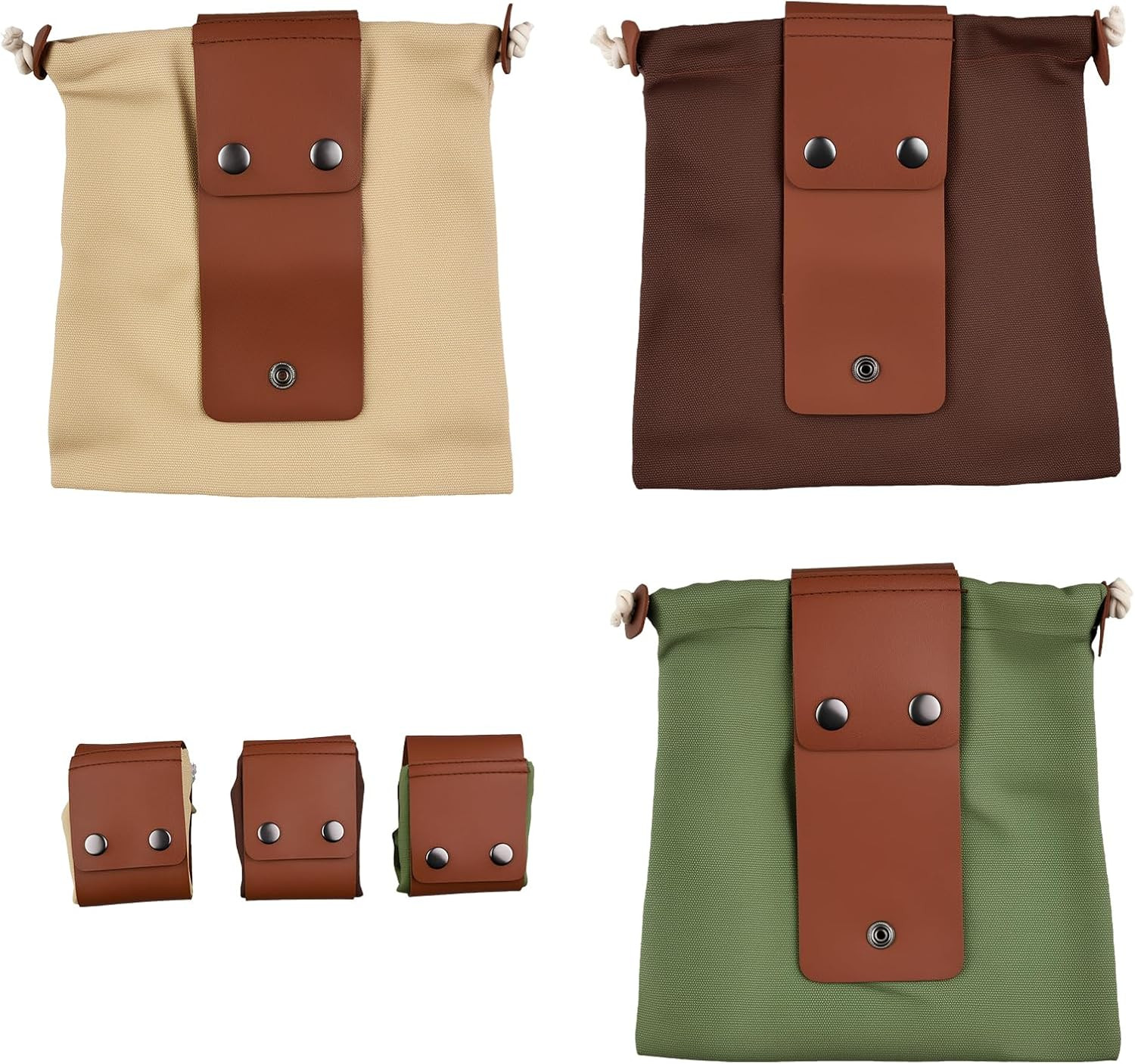 3 Pack Collapsible Foraging Bags, Waxed Canvas Basket Belt Pouches with Leather