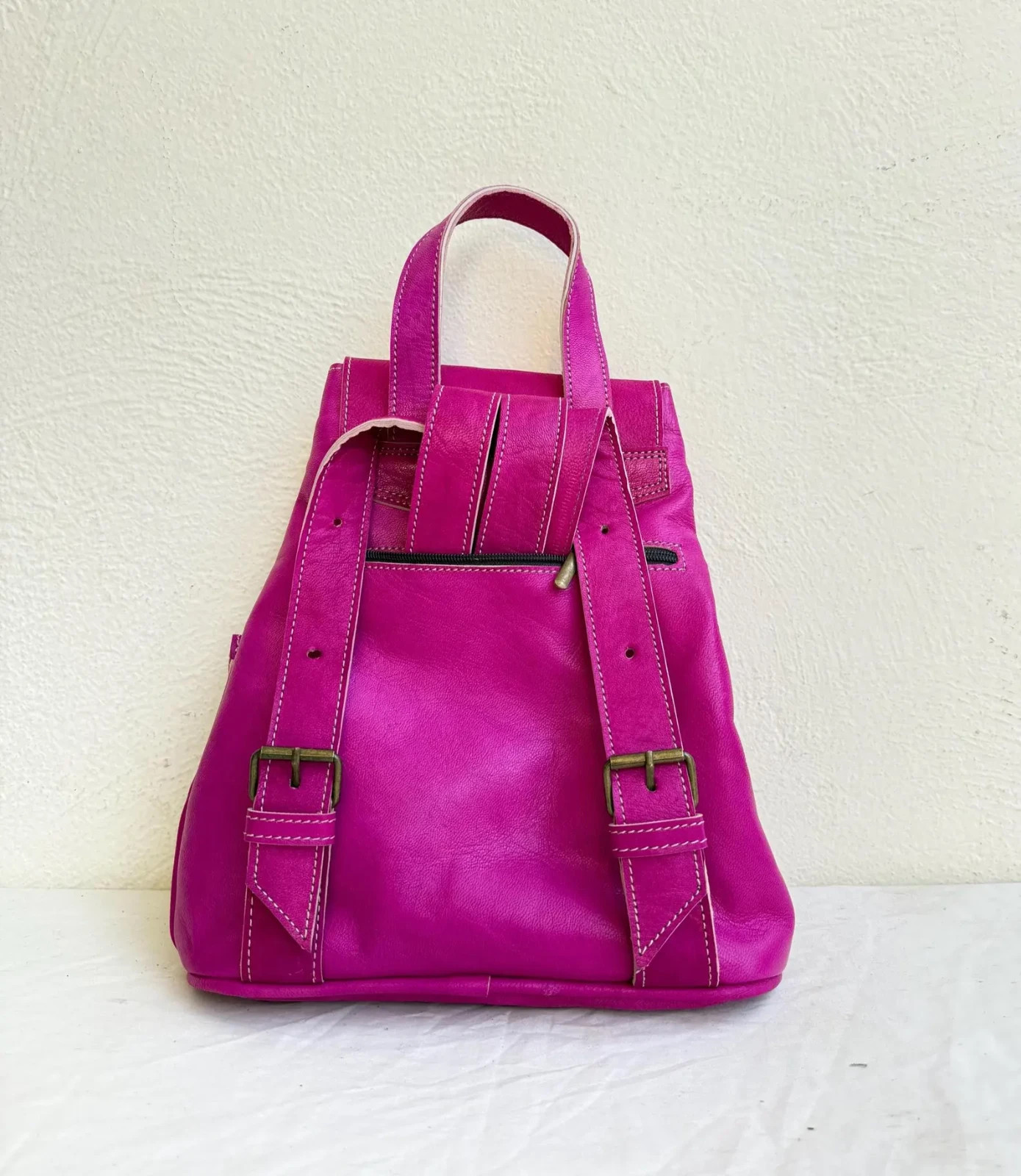 Fuchsia Pink Genuine Leather Backpack Handmade 38cm Artisan Handcrafted