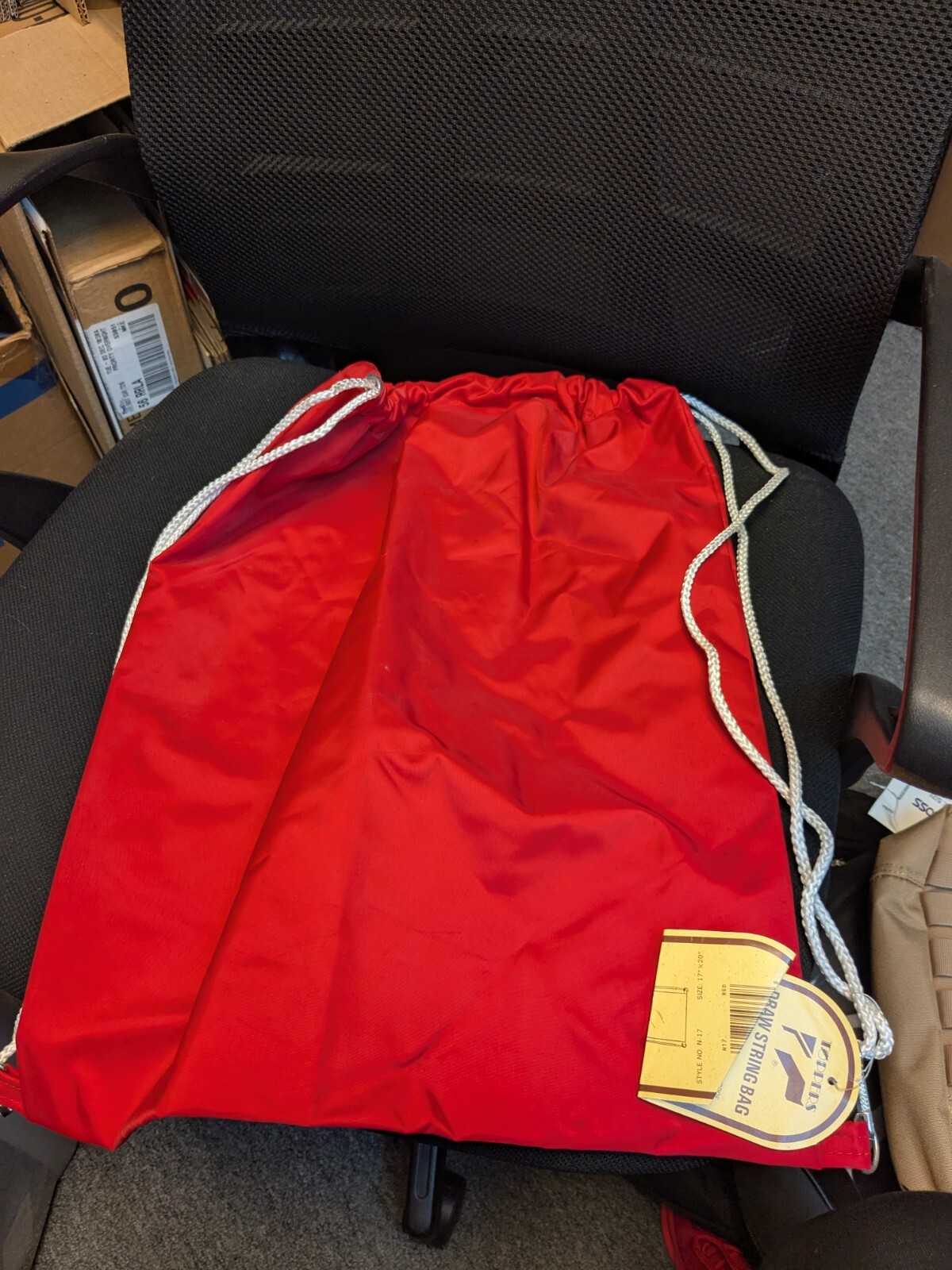 Rugged Nylon Drawstring Bag. Red Color. Waterproof. Rubber Backing.