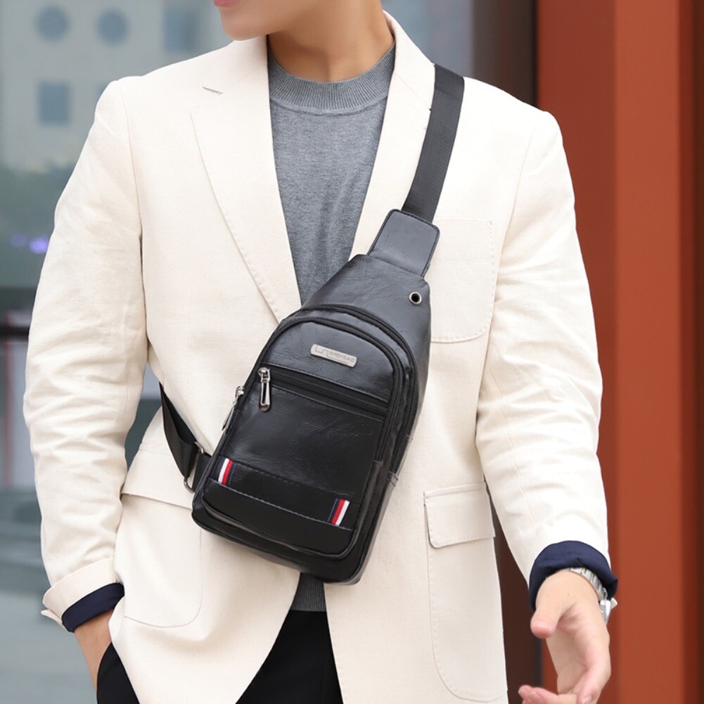 Men Leather Sling Bag Chest Shoulder Crossbody Backpack USB Charging Port Travel