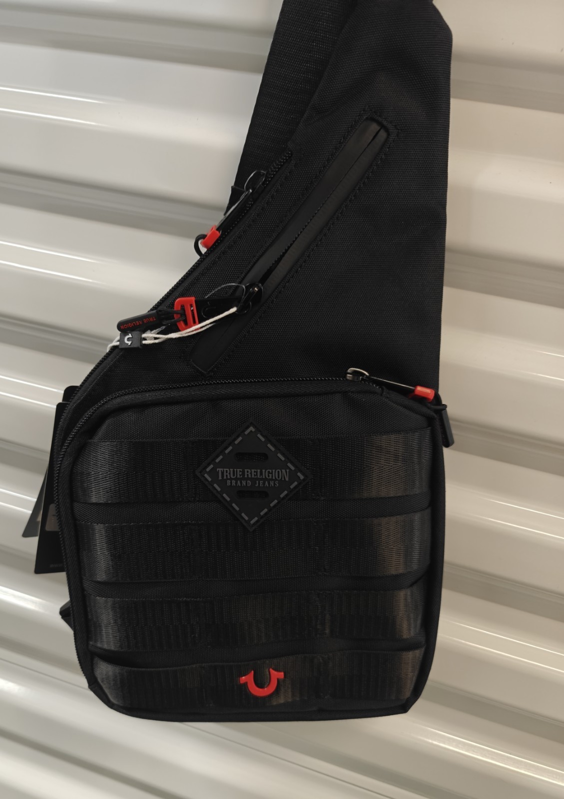 TRUE RELIGION Black Sling Bag Canvas Faux Leather Luxury BRAND-NEW