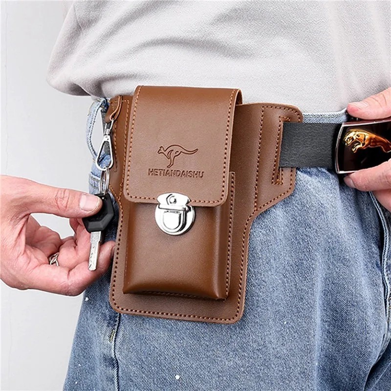 Men’s Leather Belt Waist Bag Phone Pouch Key Holder Work Fanny Pack Holster
