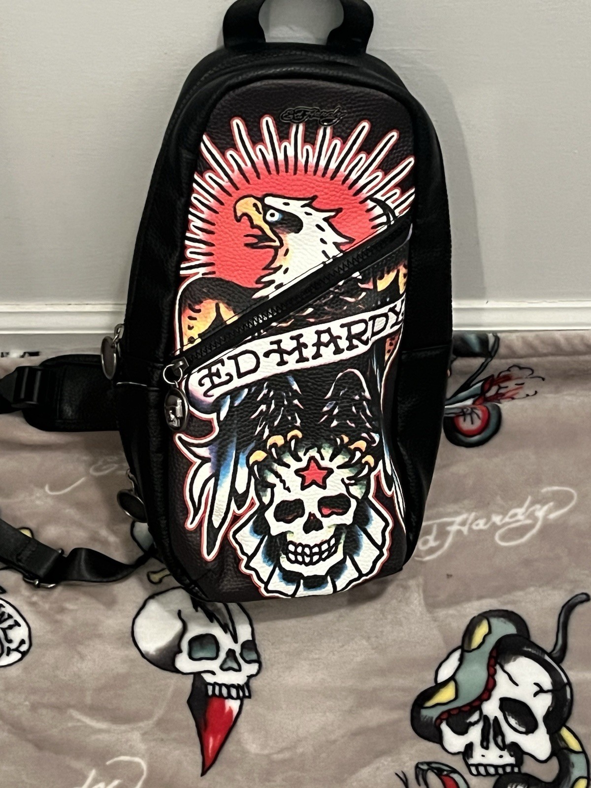 Ed Hardy Leather Black Crossbody/Sling Bag Tattoo Eagle Skull NWT