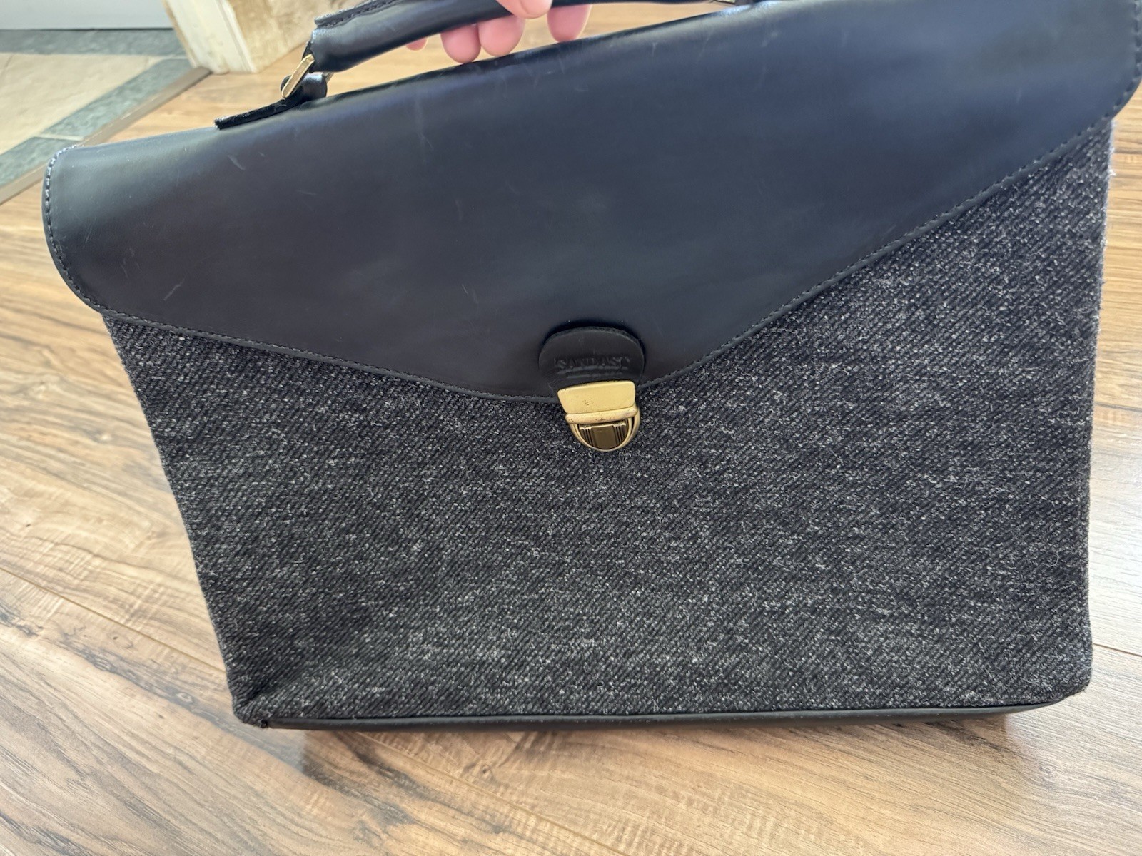 Sandast Black Gray Herringbone Briefcase Large Push Lock Men Inner Pockest