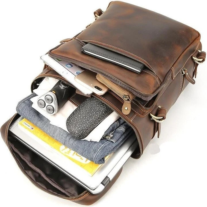 Leather 17in Travel Backpack for Men Vintage Rucksack Office Business Laptop Bag