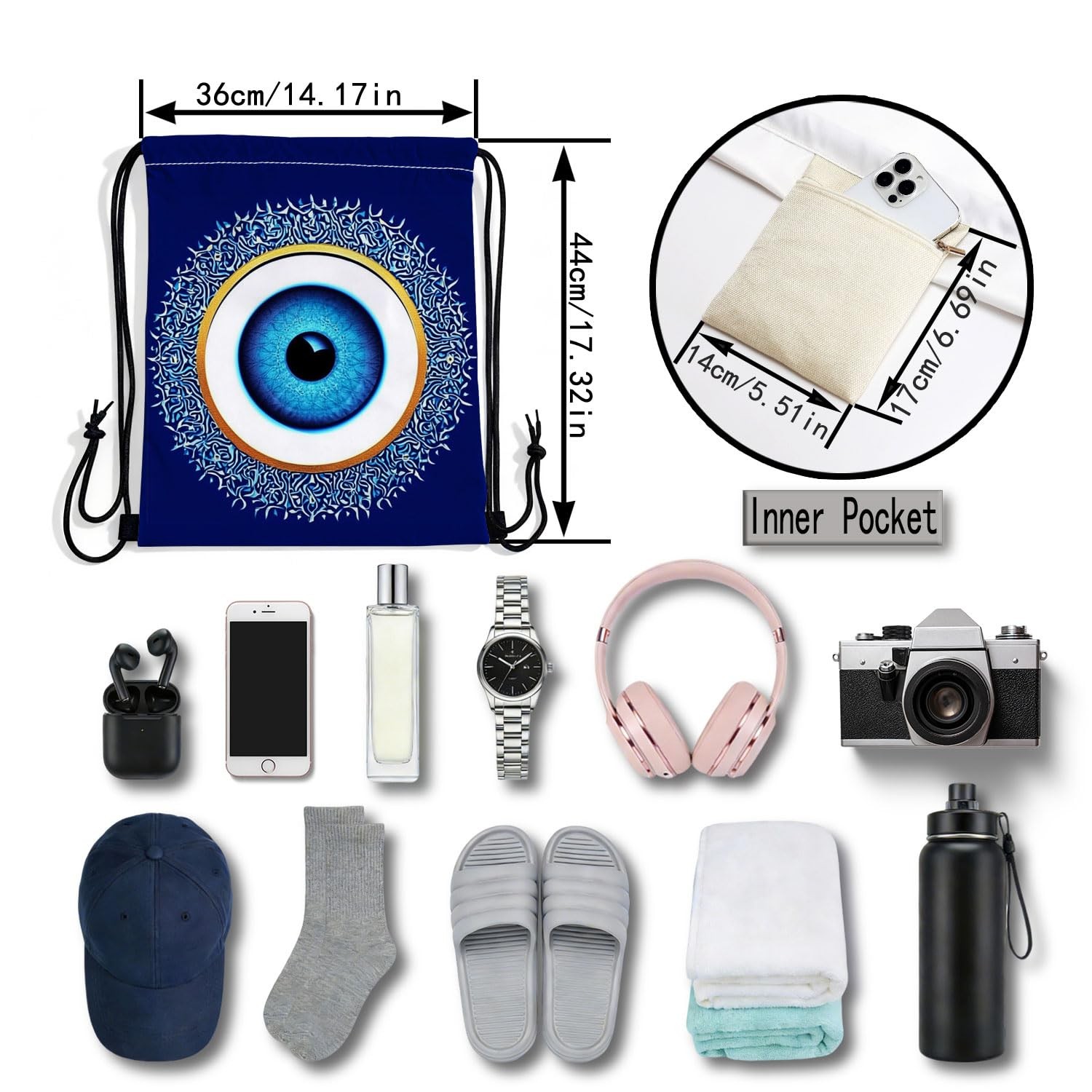 Blue Evil Eye Drawstring Backpack with Dual-Sided Print, Adjustable Cord & In…